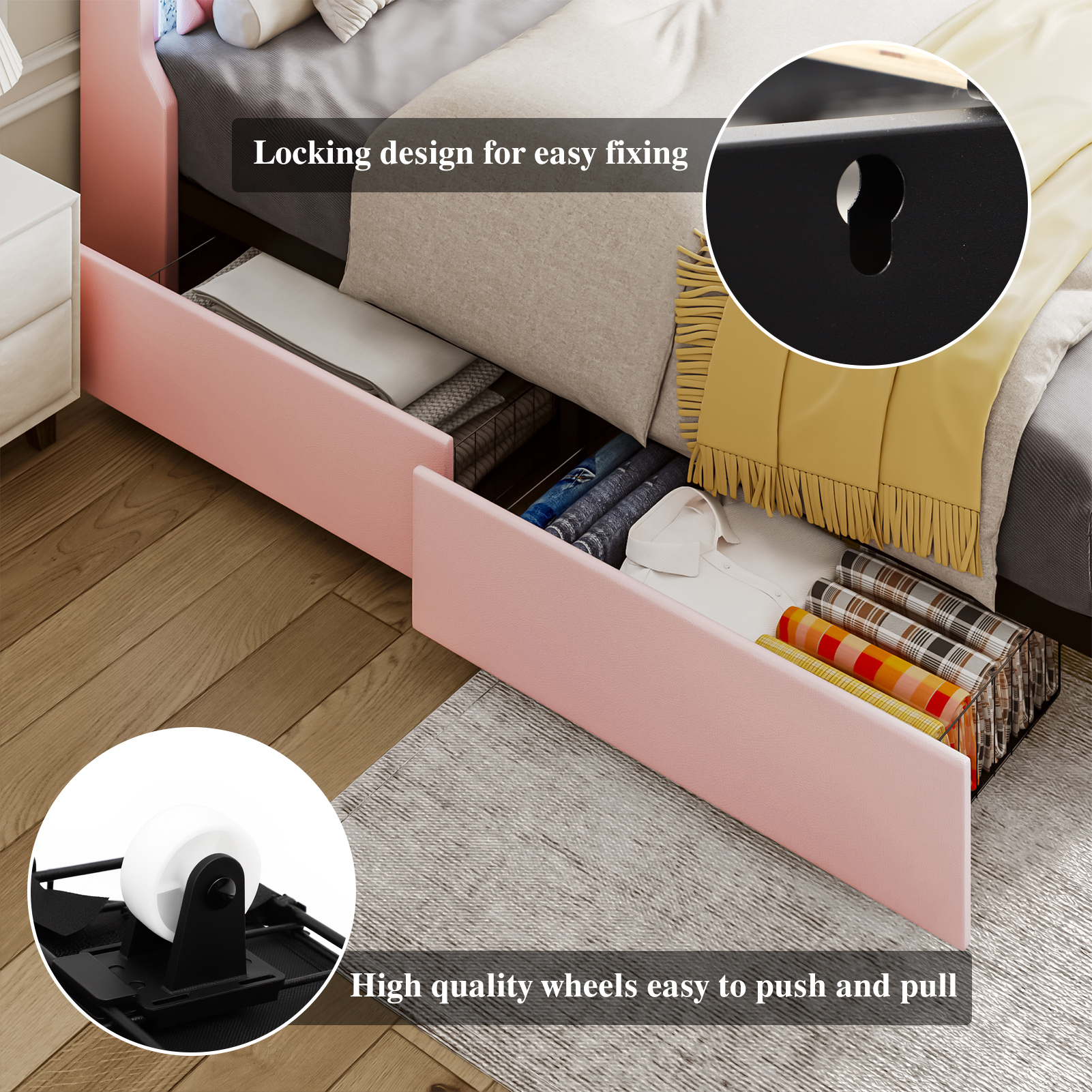 LED Bed Frame with Power Outlet & 4 Drawers, Upholstered PU Leather Platform Bed with Diamond Tufted Storage Headboard&Footboard, No Box Spring Needed, Noise Free