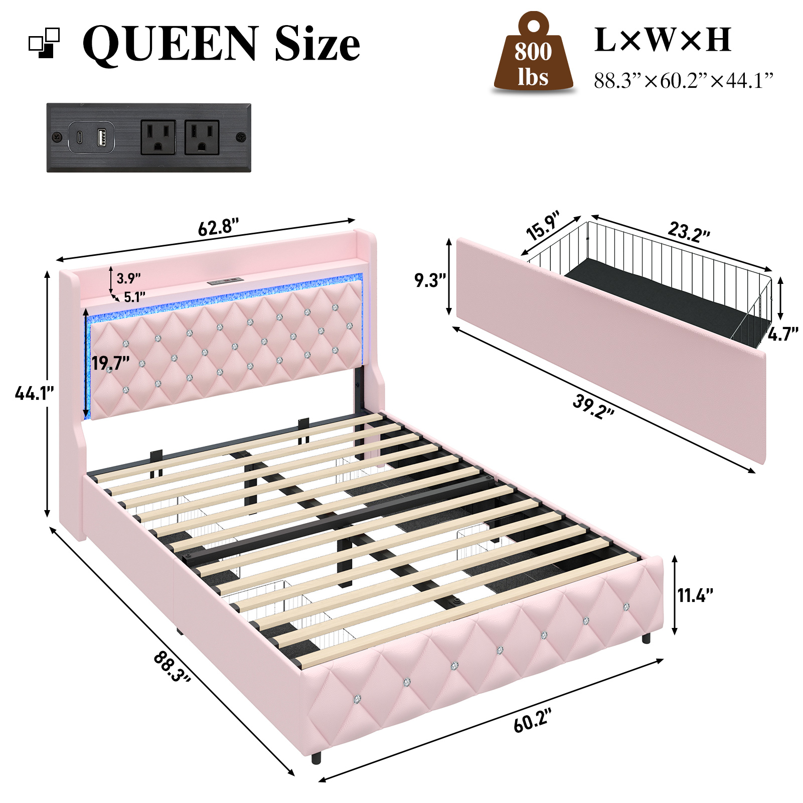 LED Bed Frame with Power Outlet & 4 Drawers, Upholstered PU Leather Platform Bed with Diamond Tufted Storage Headboard&Footboard, No Box Spring Needed, Noise Free