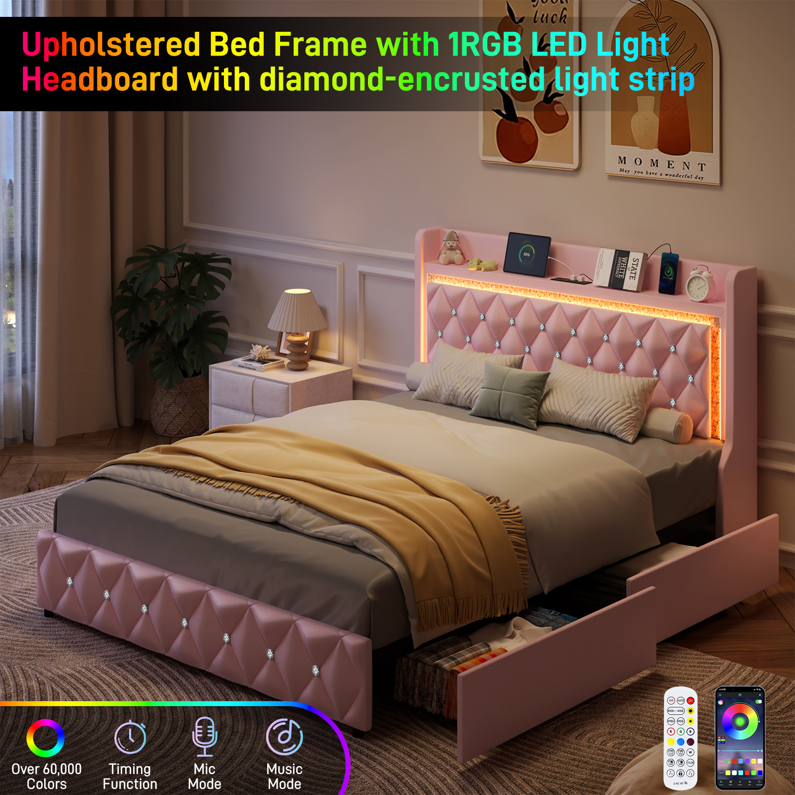 LED Bed Frame with Power Outlet & 4 Drawers, Upholstered PU Leather Platform Bed with Diamond Tufted Storage Headboard&Footboard, No Box Spring Needed, Noise Free