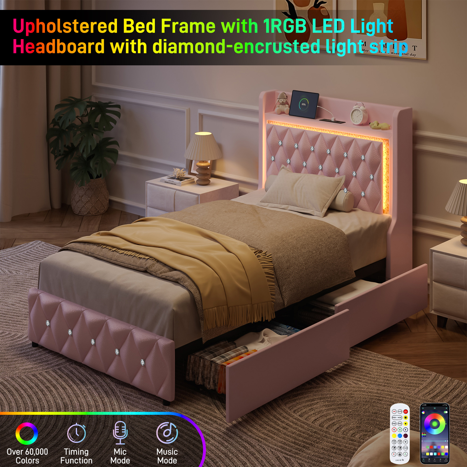 LED Bed Frame with Power Outlet & 4 Drawers, Upholstered PU Leather Platform Bed with Diamond Tufted Storage Headboard&Footboard, No Box Spring Needed, Noise Free