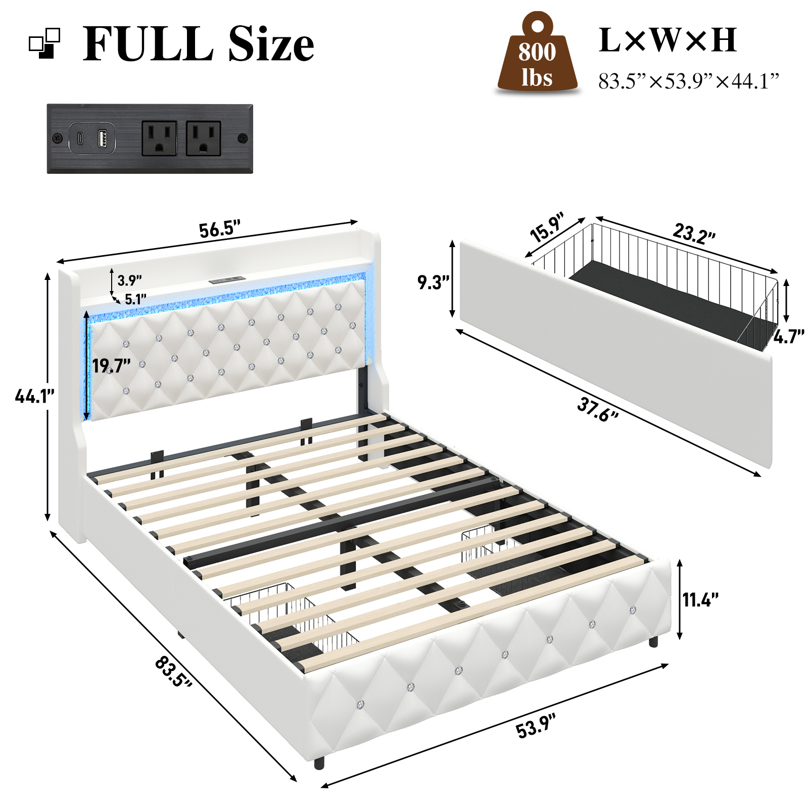 LED Bed Frame with Power Outlet & 2 Drawers, Upholstered PU Leather Platform Bed with Diamond Tufted Storage Headboard&Footboard, No Box Spring Needed, Noise Free