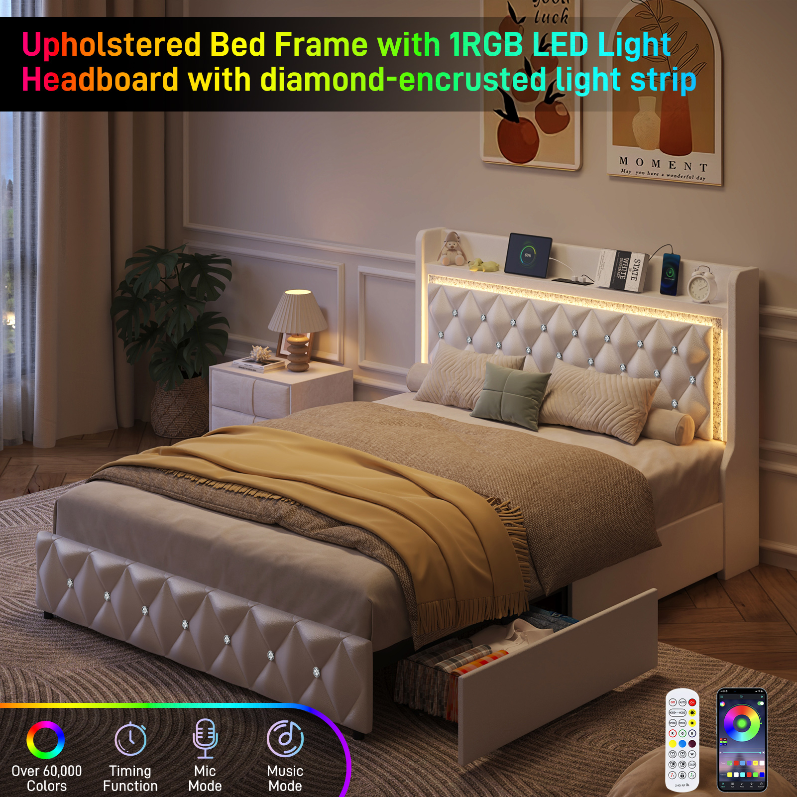 LED Bed Frame with Power Outlet & 2 Drawers, Upholstered PU Leather Platform Bed with Diamond Tufted Storage Headboard&Footboard, No Box Spring Needed, Noise Free