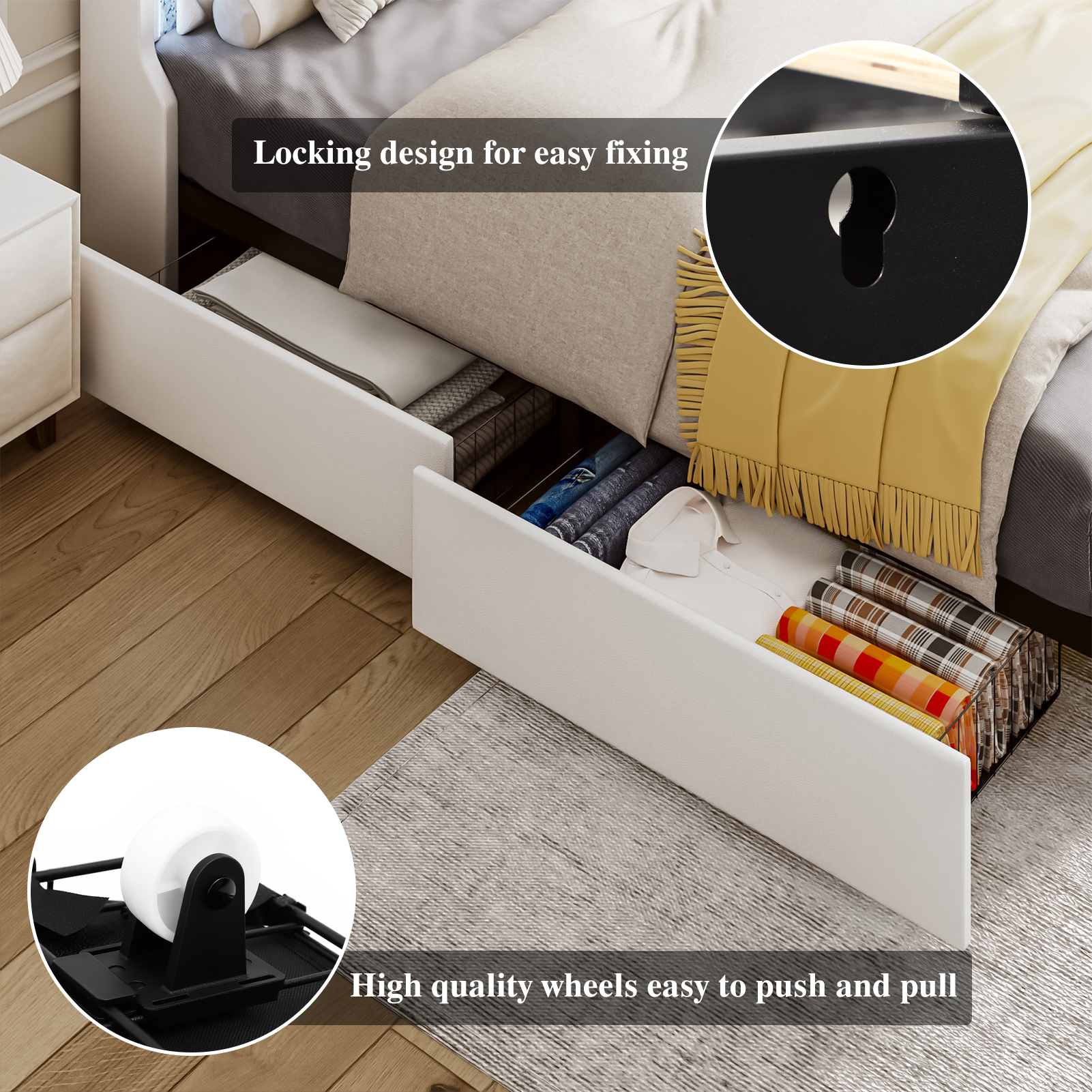 LED Bed Frame with Power Outlet & 4 Drawers, Upholstered PU Leather Platform Bed with Diamond Tufted Storage Headboard&Footboard, No Box Spring Needed, Noise Free