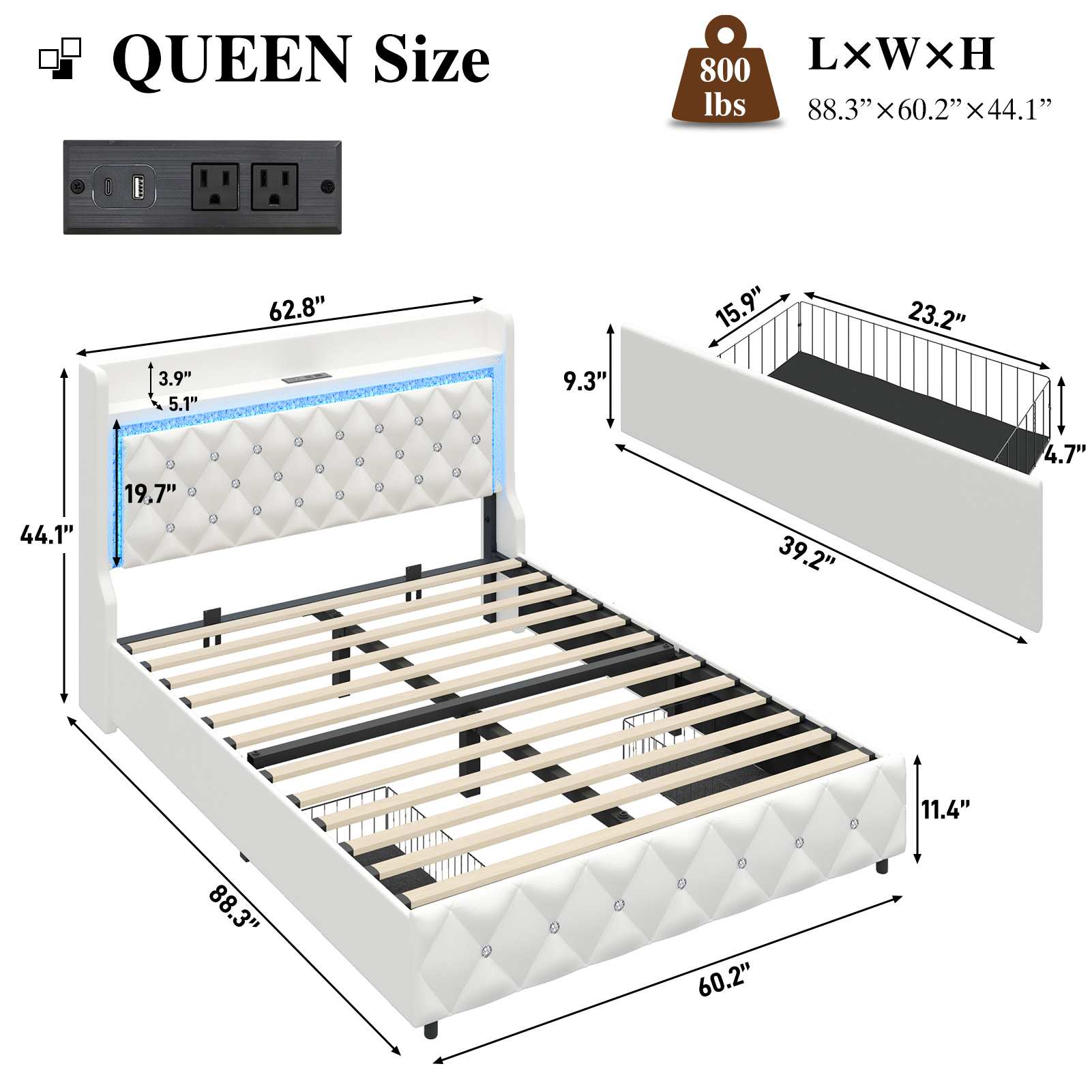 LED Bed Frame with Power Outlet & 2 Drawers, Upholstered PU Leather Platform Bed with Diamond Tufted Storage Headboard&Footboard, No Box Spring Needed, Noise Free