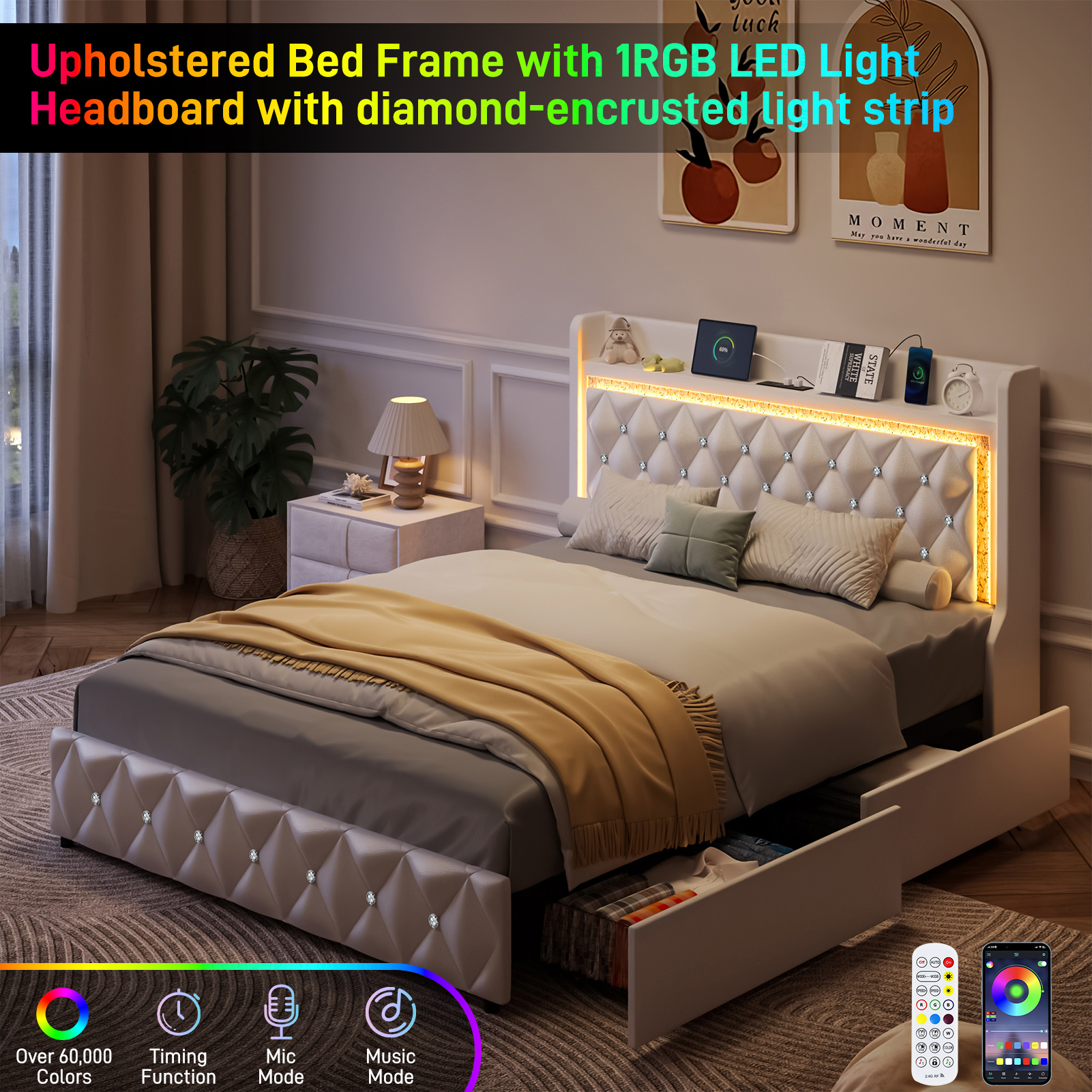 LED Bed Frame with Power Outlet & 4 Drawers, Upholstered PU Leather Platform Bed with Diamond Tufted Storage Headboard&Footboard, No Box Spring Needed, Noise Free