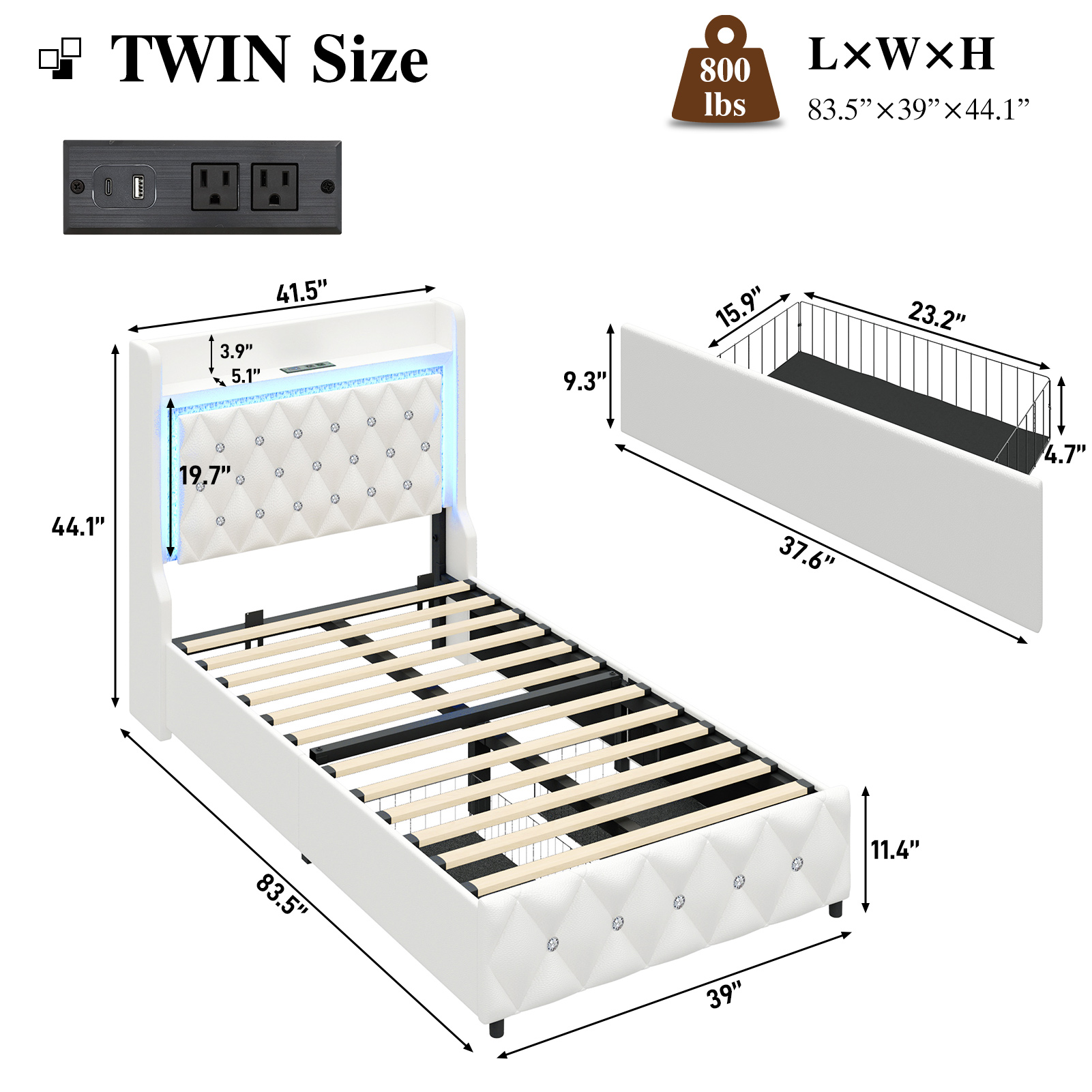 LED Bed Frame with Power Outlet & 4 Drawers, Upholstered PU Leather Platform Bed with Diamond Tufted Storage Headboard&Footboard, No Box Spring Needed, Noise Free