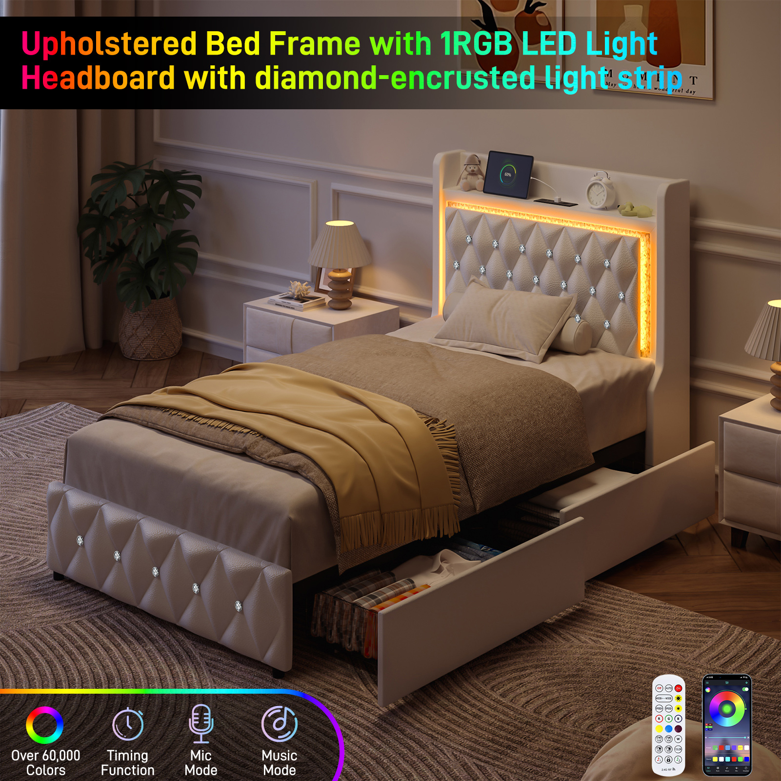 LED Bed Frame with Power Outlet & 4 Drawers, Upholstered PU Leather Platform Bed with Diamond Tufted Storage Headboard&Footboard, No Box Spring Needed, Noise Free