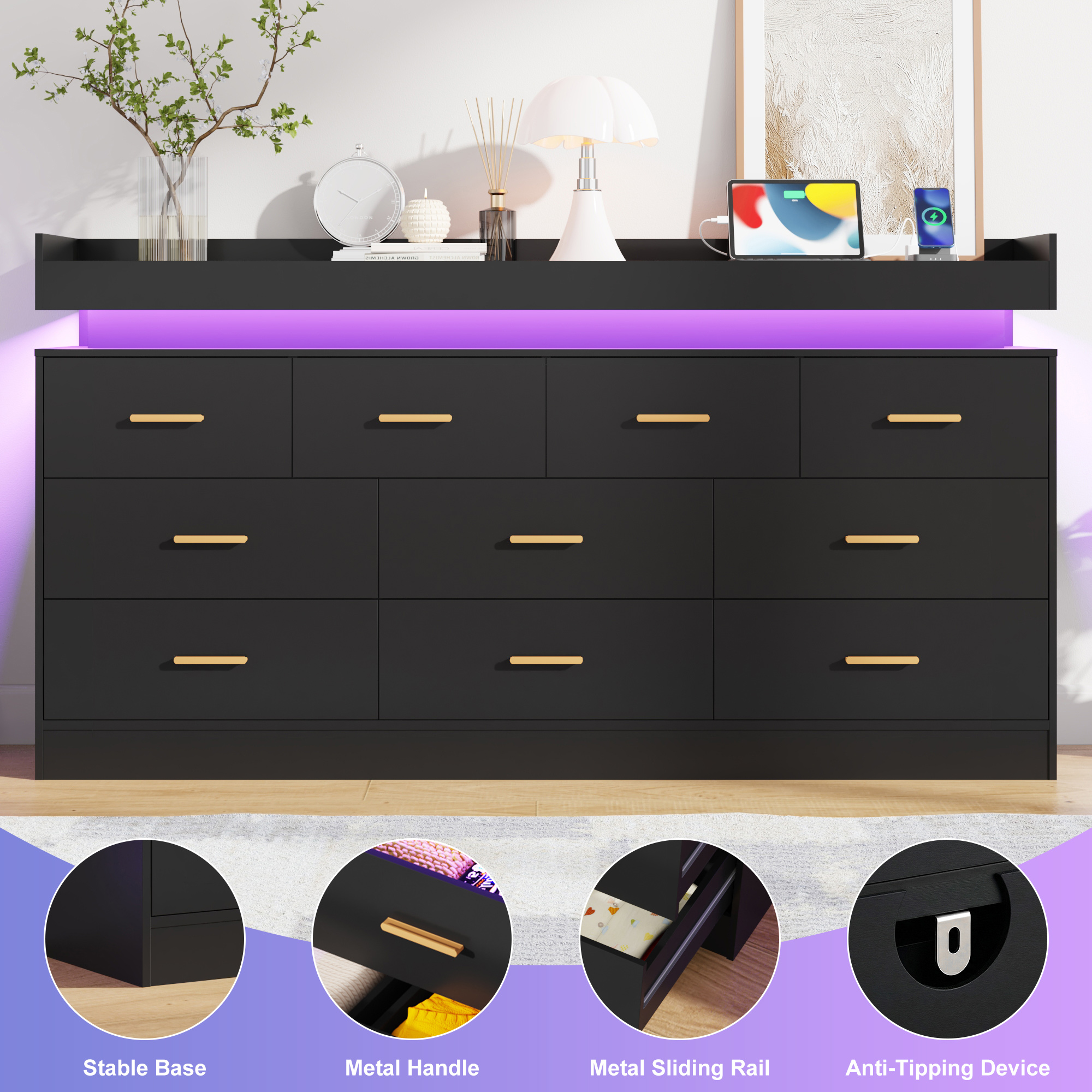 ChVans 16 Drawer Dresser with LED Lights and Charging Station, 78.7" Wide wood Chest of Drawers and Metal Handles, 36.4" Tall drawers dresser for bedroom, Living Room, Entryway, Hallway