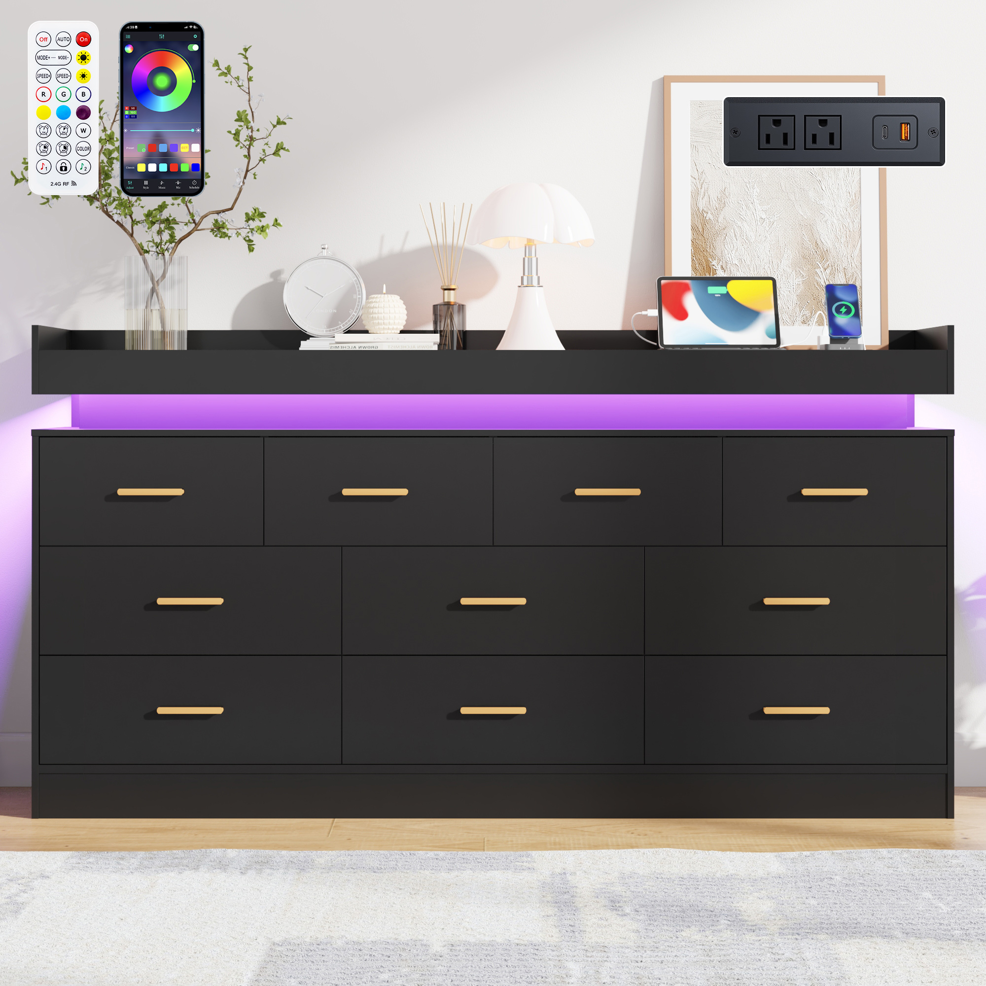 ChVans 16 Drawer Dresser with LED Lights and Charging Station, 78.7" Wide wood Chest of Drawers and Metal Handles, 36.4" Tall drawers dresser for bedroom, Living Room, Entryway, Hallway