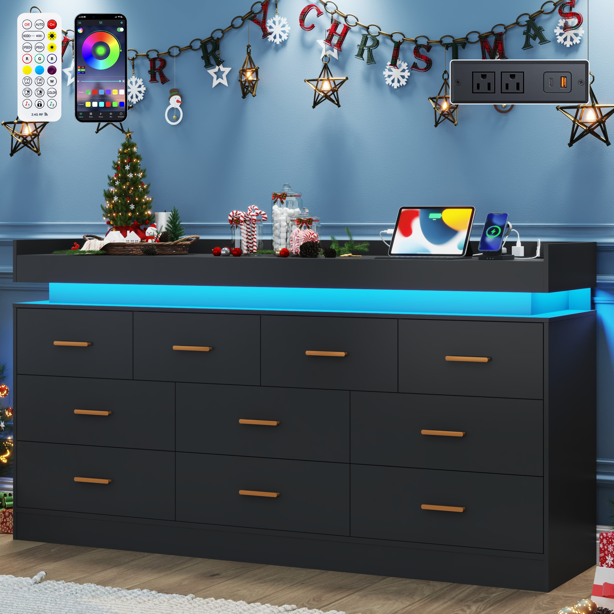 ChVans 16 Drawer Dresser with LED Lights and Charging Station, 78.7" Wide wood Chest of Drawers and Metal Handles, 36.4" Tall drawers dresser for bedroom, Living Room, Entryway, Hallway