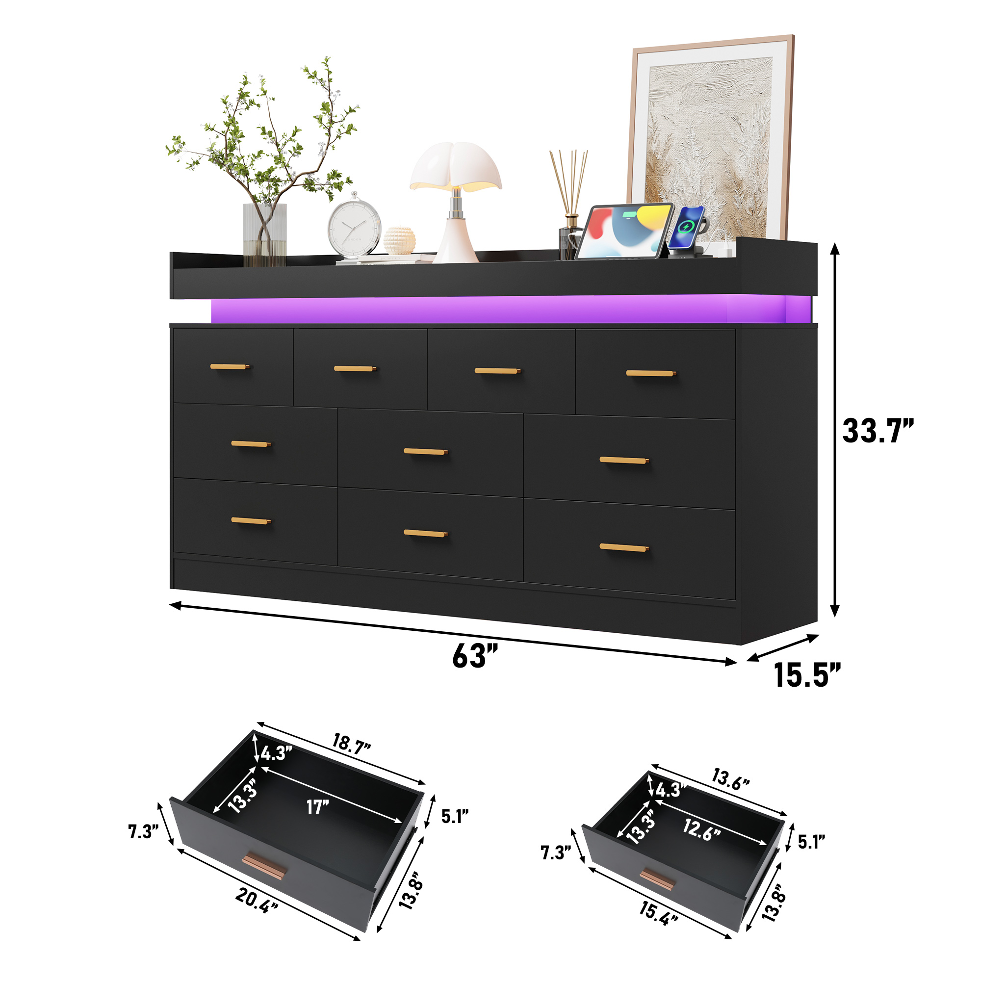ChVans 16 Drawer Dresser with LED Lights and Charging Station, 78.7" Wide wood Chest of Drawers and Metal Handles, 36.4" Tall drawers dresser for bedroom, Living Room, Entryway, Hallway