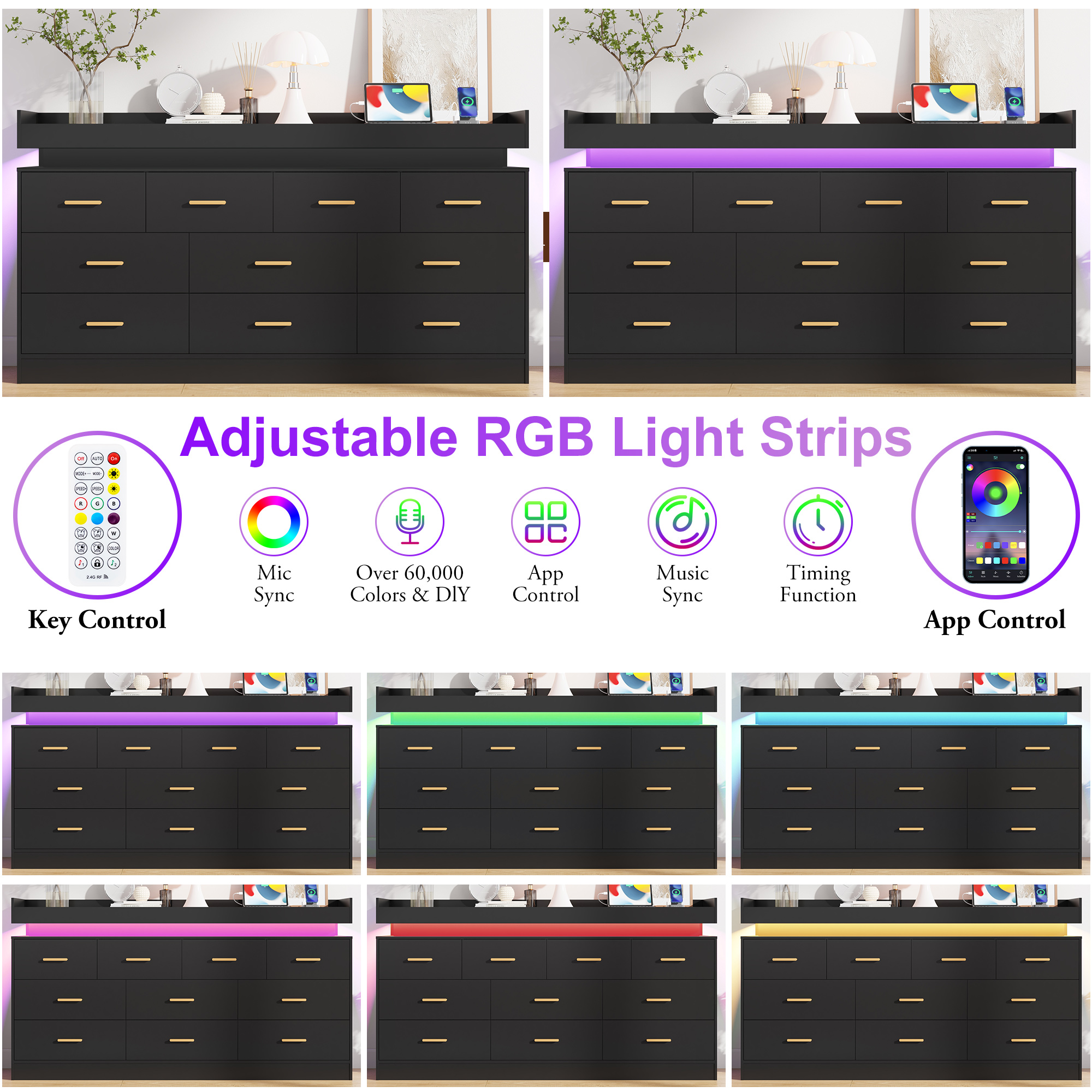 ChVans 16 Drawer Dresser with LED Lights and Charging Station, 78.7" Wide wood Chest of Drawers and Metal Handles, 36.4" Tall drawers dresser for bedroom, Living Room, Entryway, Hallway