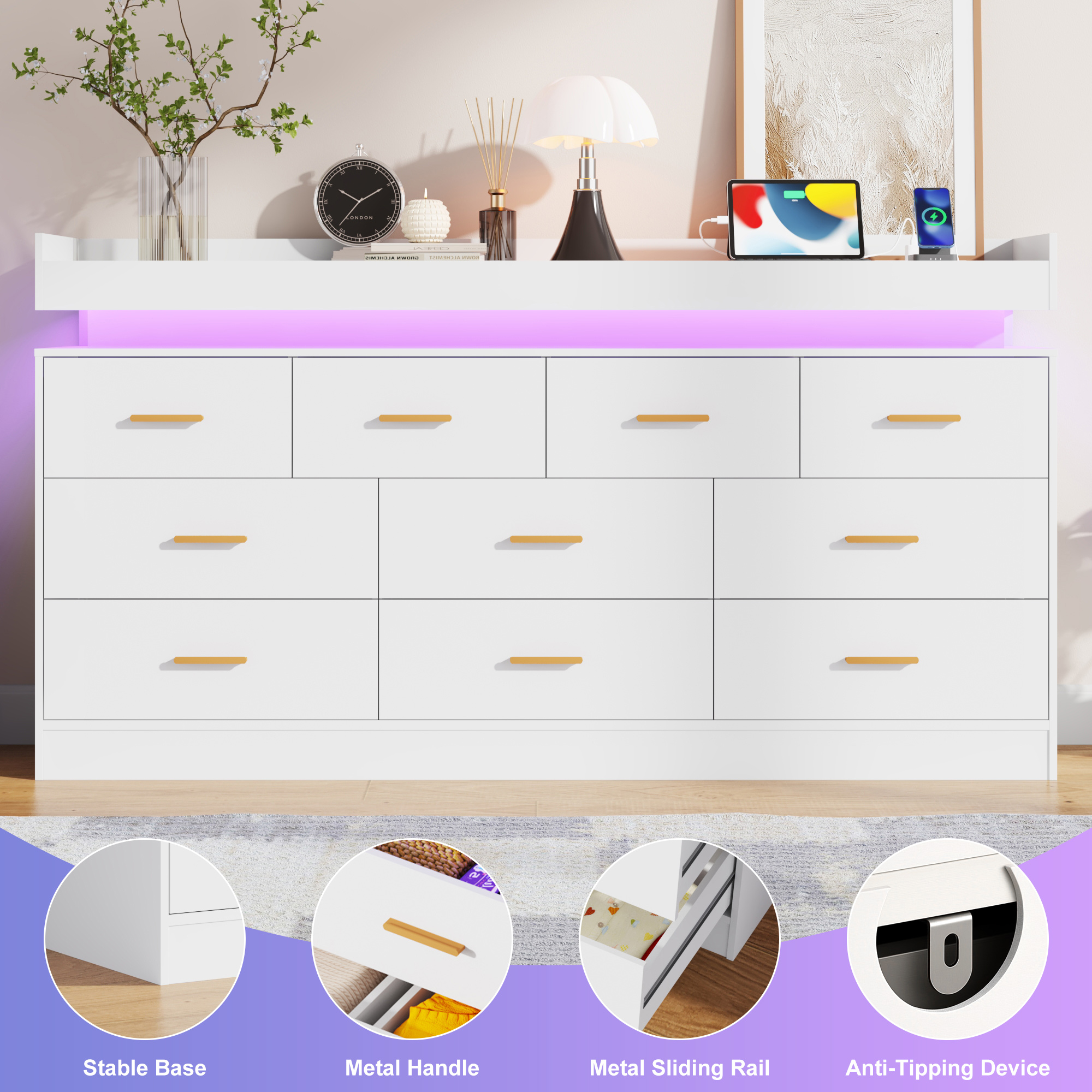 ChVans 16 Drawer Dresser with LED Lights and Charging Station, 78.7" Wide wood Chest of Drawers and Metal Handles, 36.4" Tall drawers dresser for bedroom, Living Room, Entryway, Hallway