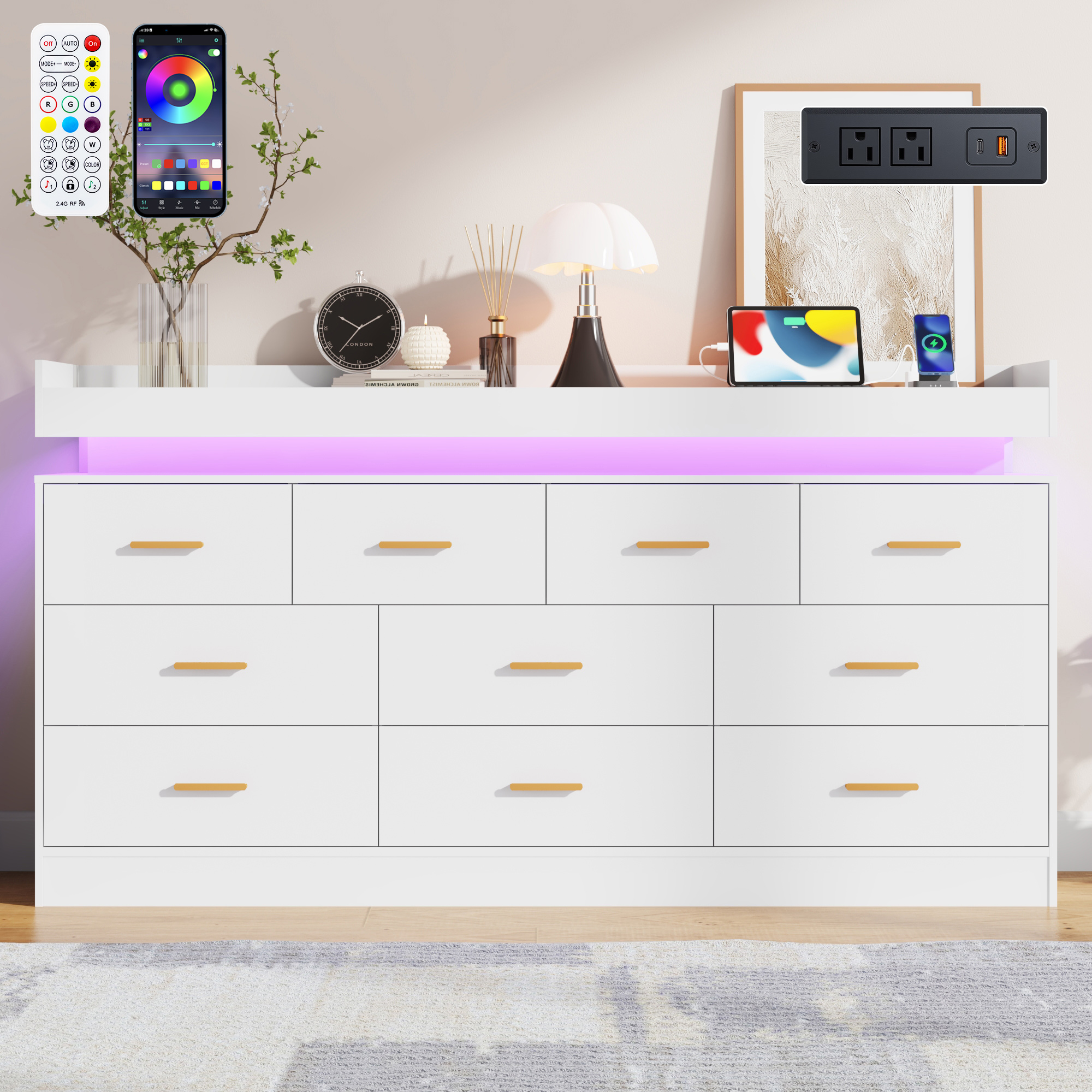 ChVans 16 Drawer Dresser with LED Lights and Charging Station, 78.7" Wide wood Chest of Drawers and Metal Handles, 36.4" Tall drawers dresser for bedroom, Living Room, Entryway, Hallway