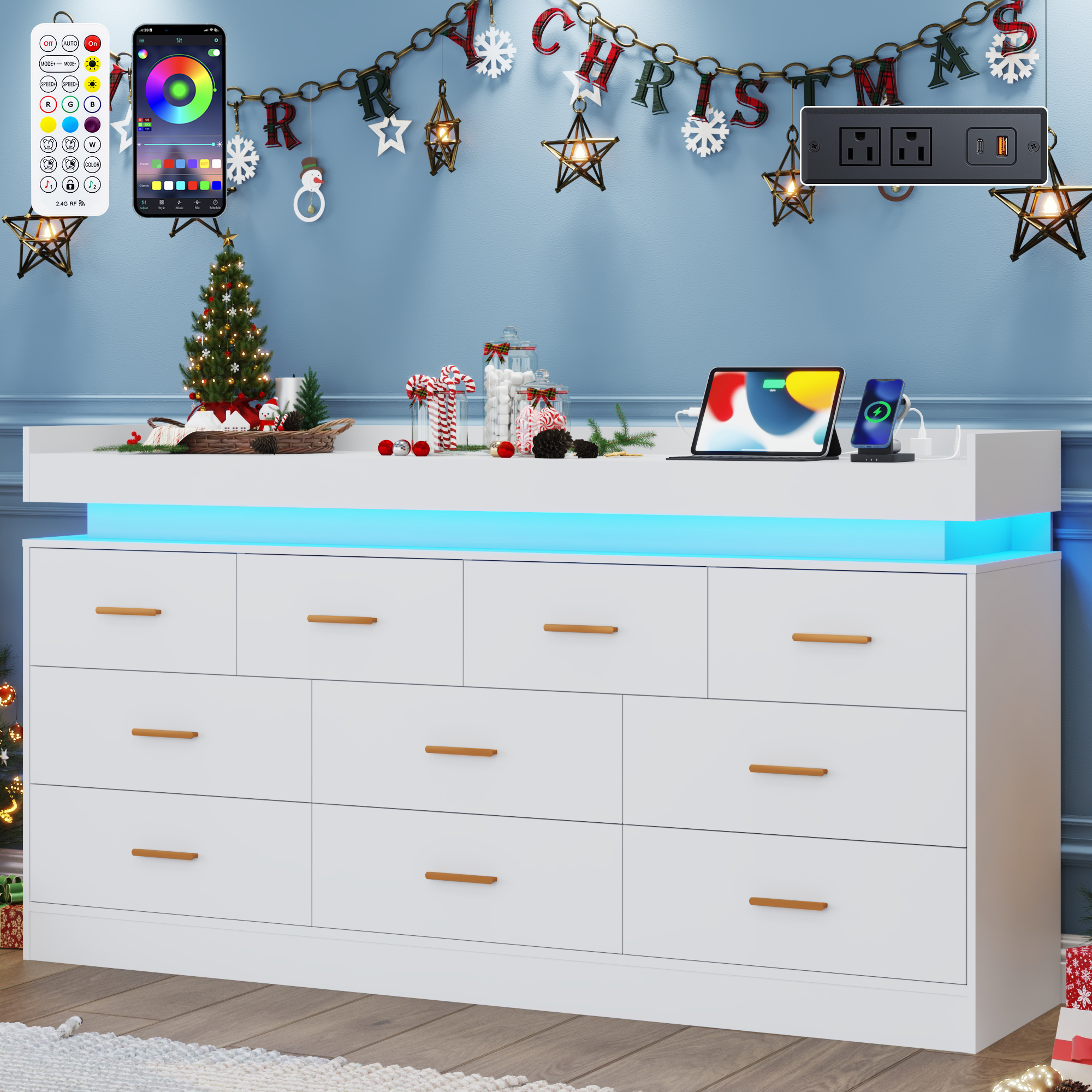 ChVans 16 Drawer Dresser with LED Lights and Charging Station, 78.7" Wide wood Chest of Drawers and Metal Handles, 36.4" Tall drawers dresser for bedroom, Living Room, Entryway, Hallway