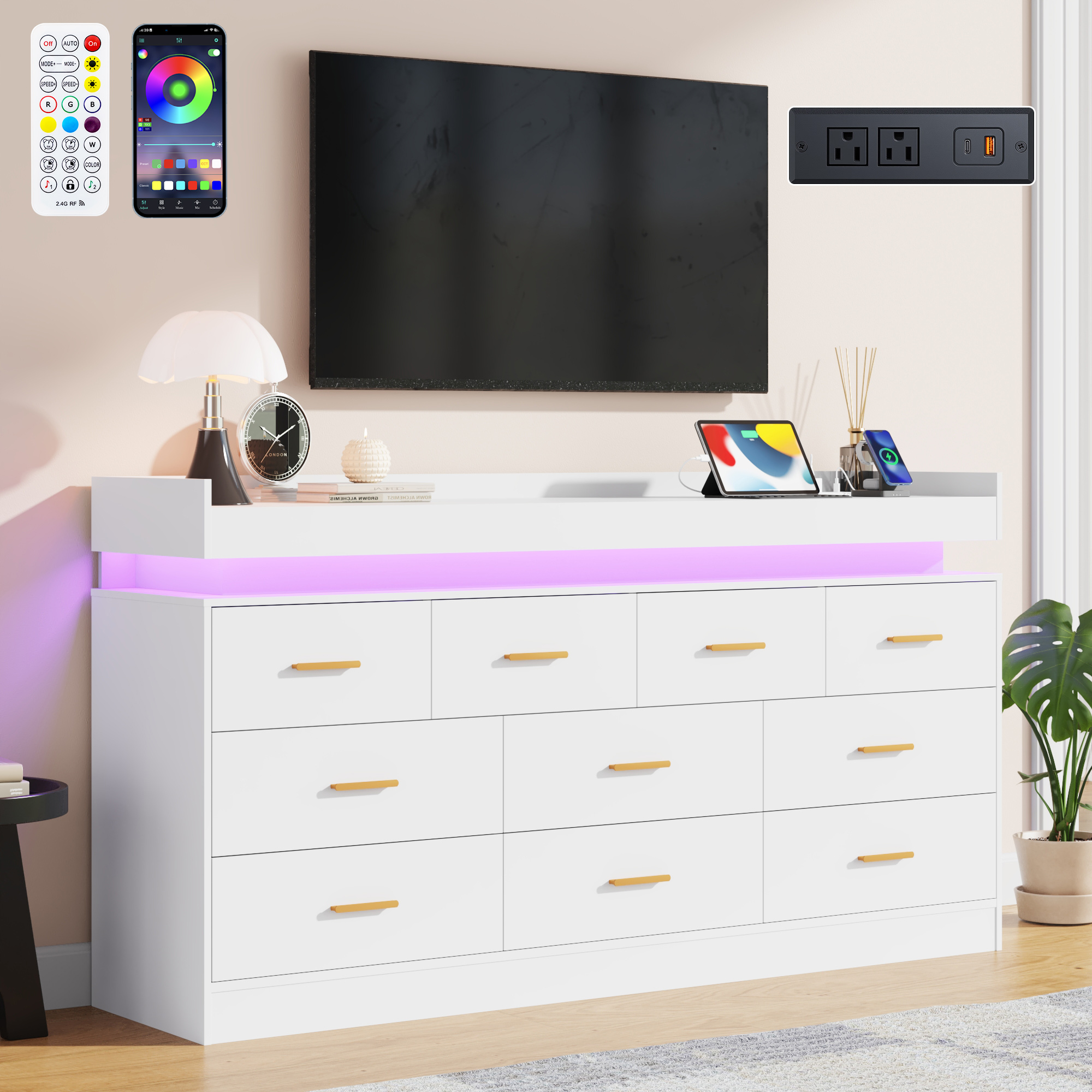 ChVans 16 Drawer Dresser with LED Lights and Charging Station, 78.7" Wide wood Chest of Drawers and Metal Handles, 36.4" Tall drawers dresser for bedroom, Living Room, Entryway, Hallway