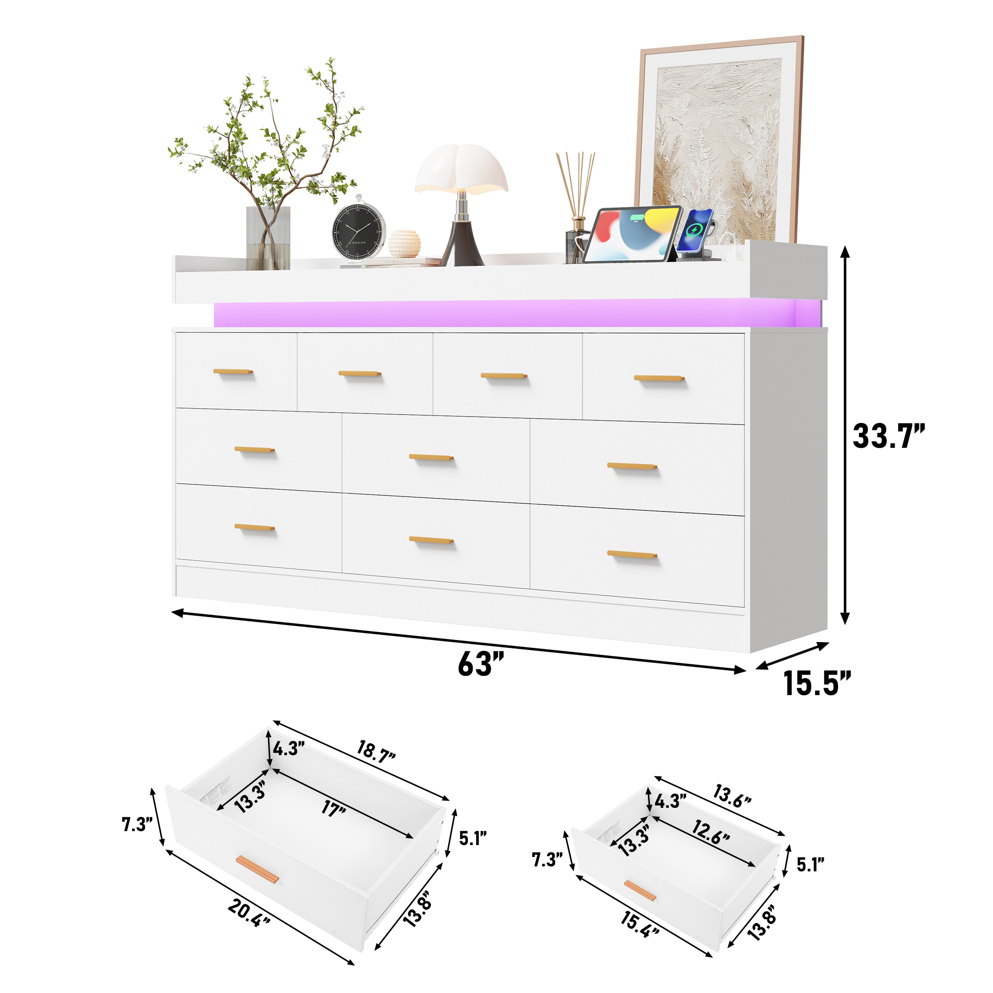 ChVans 16 Drawer Dresser with LED Lights and Charging Station, 78.7" Wide wood Chest of Drawers and Metal Handles, 36.4" Tall drawers dresser for bedroom, Living Room, Entryway, Hallway