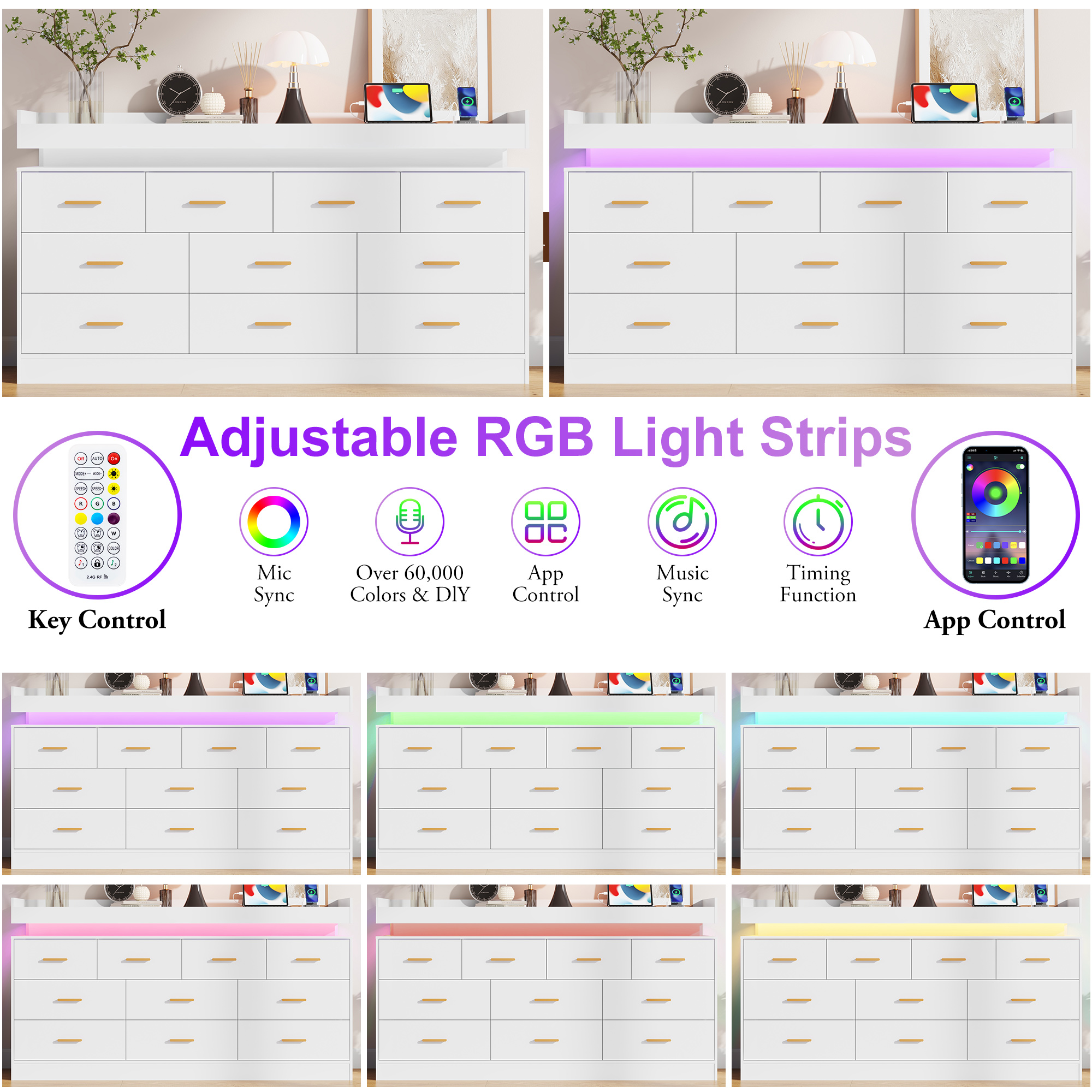ChVans 16 Drawer Dresser with LED Lights and Charging Station, 78.7" Wide wood Chest of Drawers and Metal Handles, 36.4" Tall drawers dresser for bedroom, Living Room, Entryway, Hallway