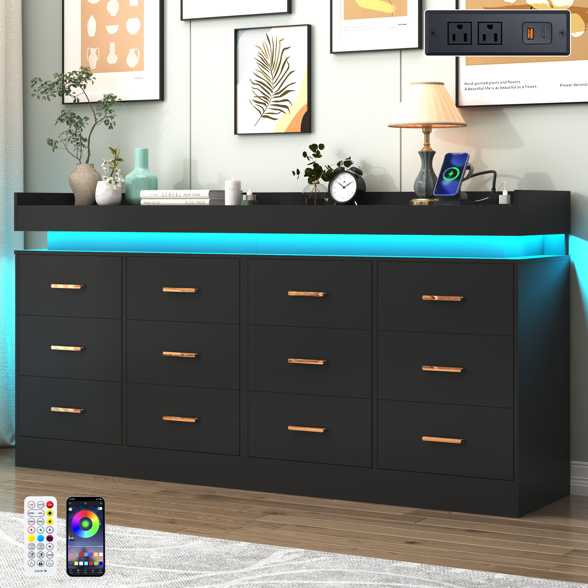 ChVans 16 Drawer Dresser with LED Lights and Charging Station, 78.7" Wide wood Chest of Drawers and Metal Handles, 36.4" Tall drawers dresser for bedroom, Living Room, Entryway, Hallway