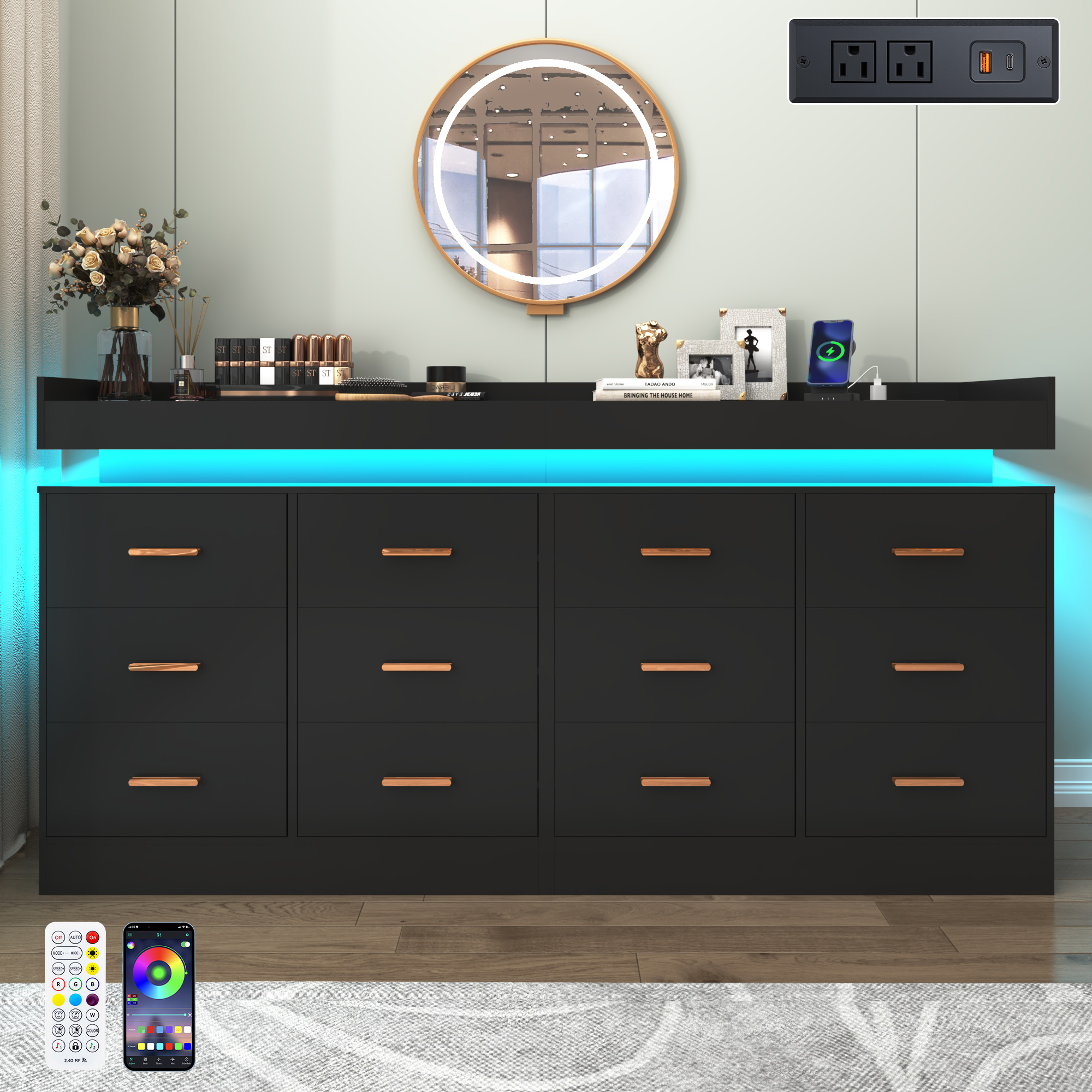 ChVans 16 Drawer Dresser with LED Lights and Charging Station, 78.7" Wide wood Chest of Drawers and Metal Handles, 36.4" Tall drawers dresser for bedroom, Living Room, Entryway, Hallway