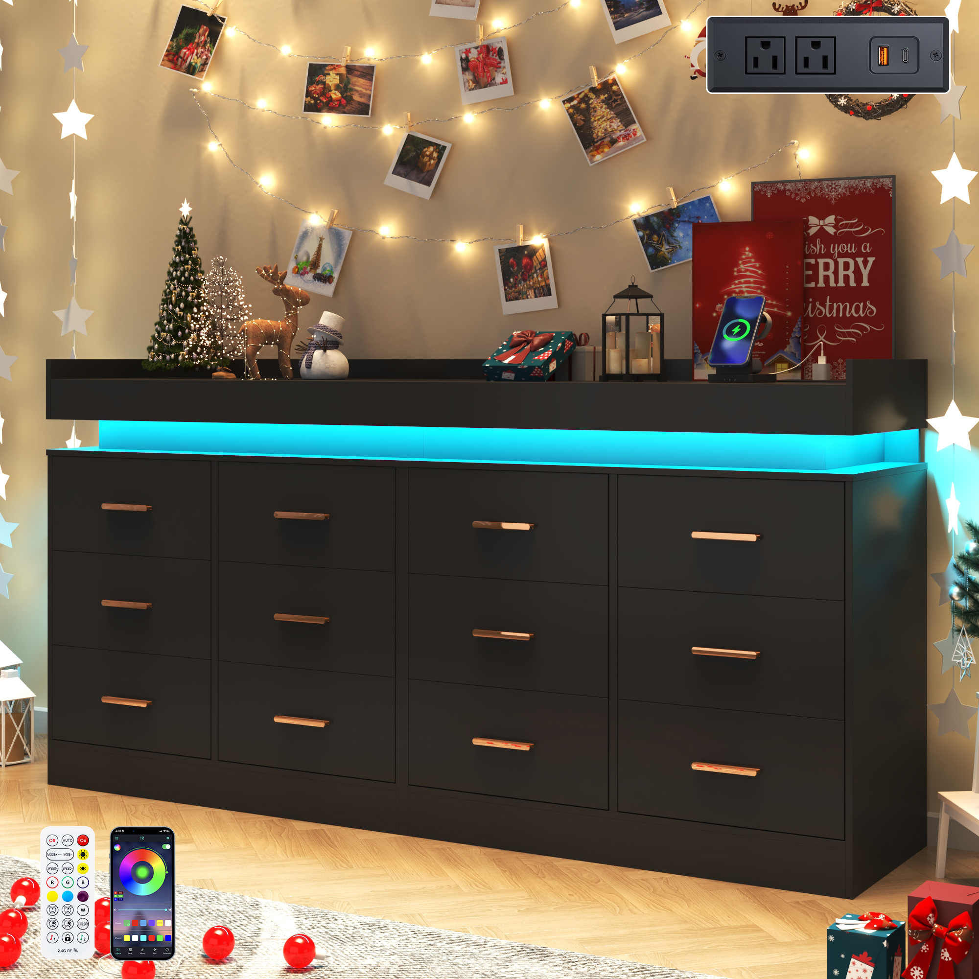 ChVans 16 Drawer Dresser with LED Lights and Charging Station, 78.7" Wide wood Chest of Drawers and Metal Handles, 36.4" Tall drawers dresser for bedroom, Living Room, Entryway, Hallway