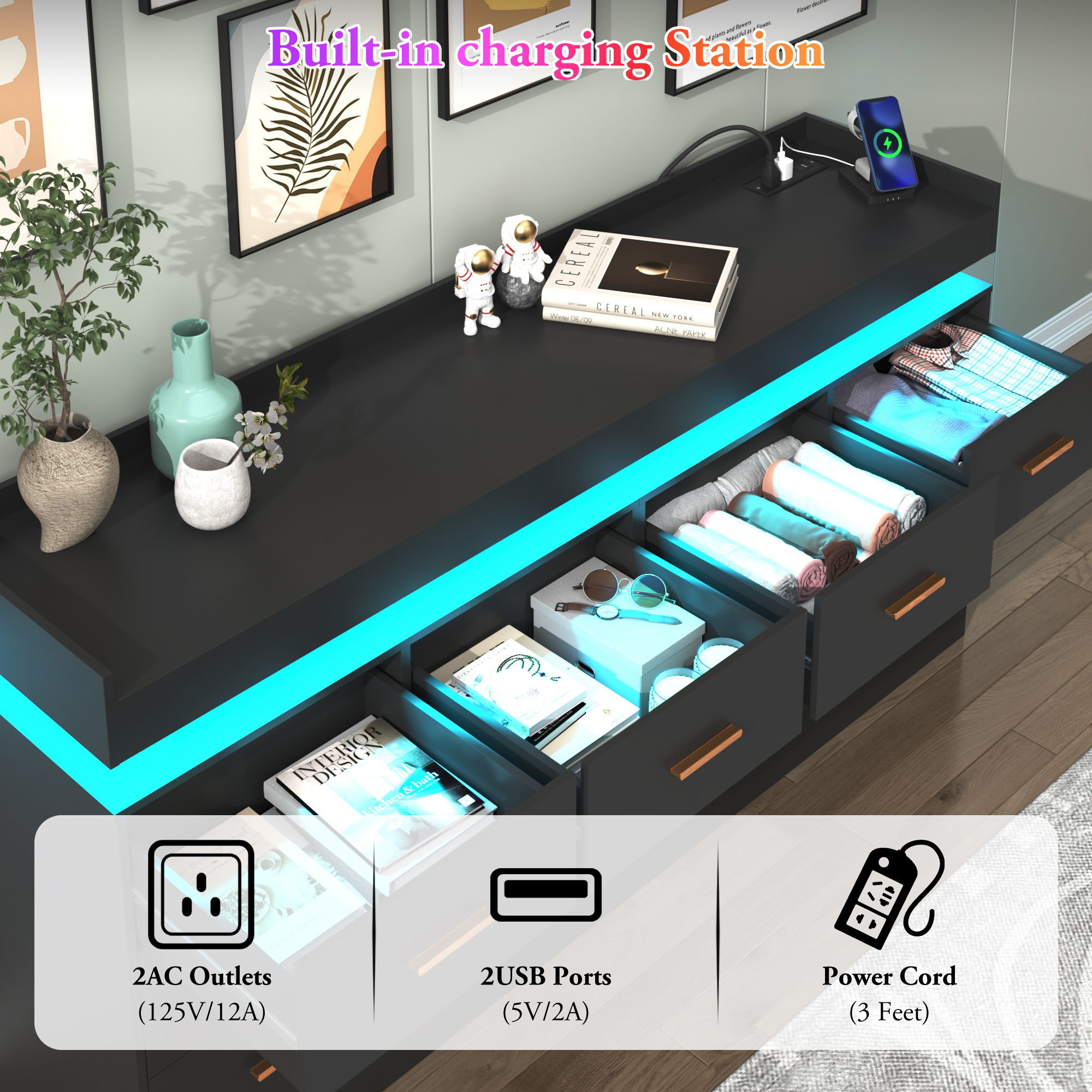 ChVans 16 Drawer Dresser with LED Lights and Charging Station, 78.7" Wide wood Chest of Drawers and Metal Handles, 36.4" Tall drawers dresser for bedroom, Living Room, Entryway, Hallway