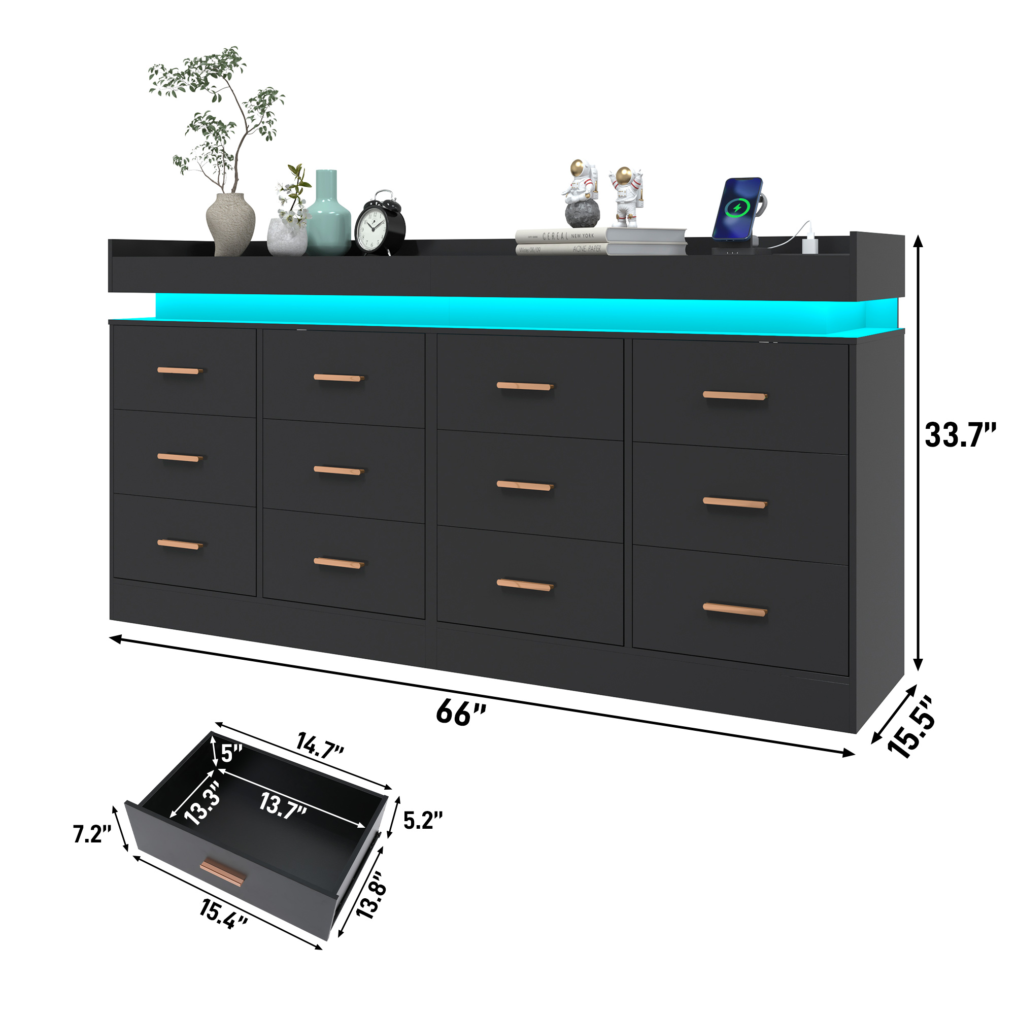 ChVans 16 Drawer Dresser with LED Lights and Charging Station, 78.7" Wide wood Chest of Drawers and Metal Handles, 36.4" Tall drawers dresser for bedroom, Living Room, Entryway, Hallway