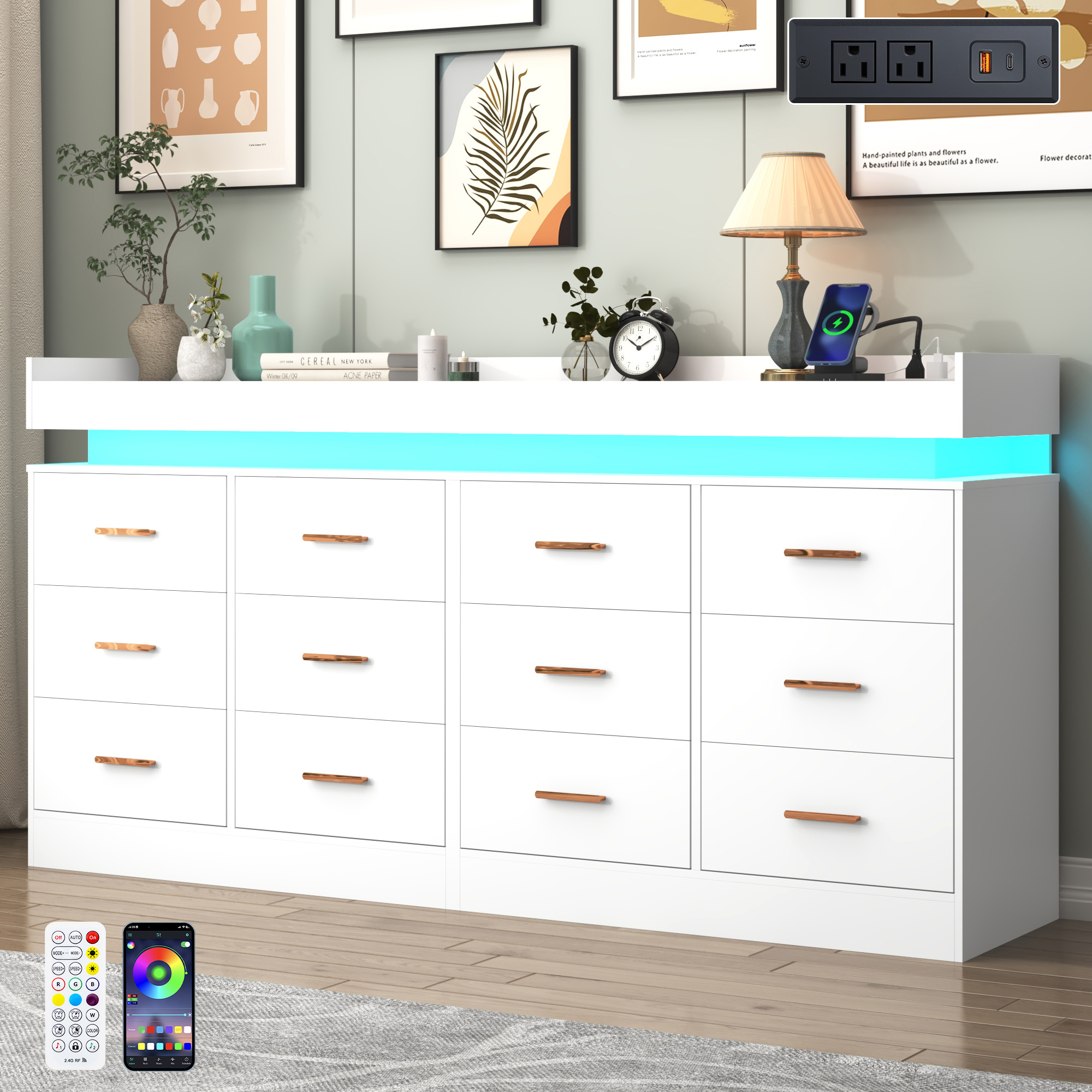 ChVans 16 Drawer Dresser with LED Lights and Charging Station, 78.7" Wide wood Chest of Drawers and Metal Handles, 36.4" Tall drawers dresser for bedroom, Living Room, Entryway, Hallway