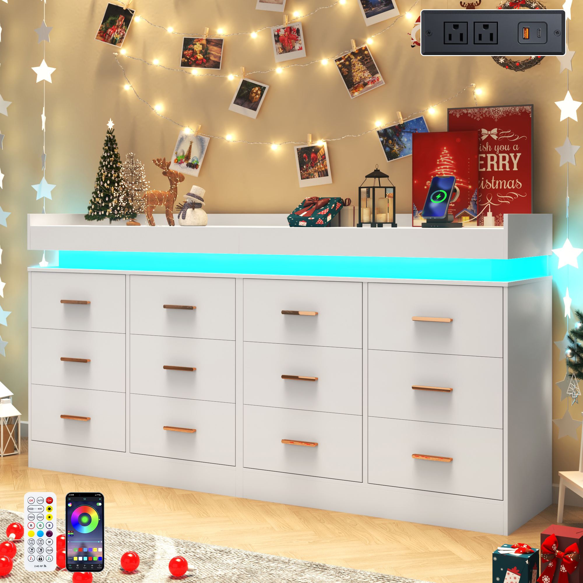 ChVans 16 Drawer Dresser with LED Lights and Charging Station, 78.7" Wide wood Chest of Drawers and Metal Handles, 36.4" Tall drawers dresser for bedroom, Living Room, Entryway, Hallway