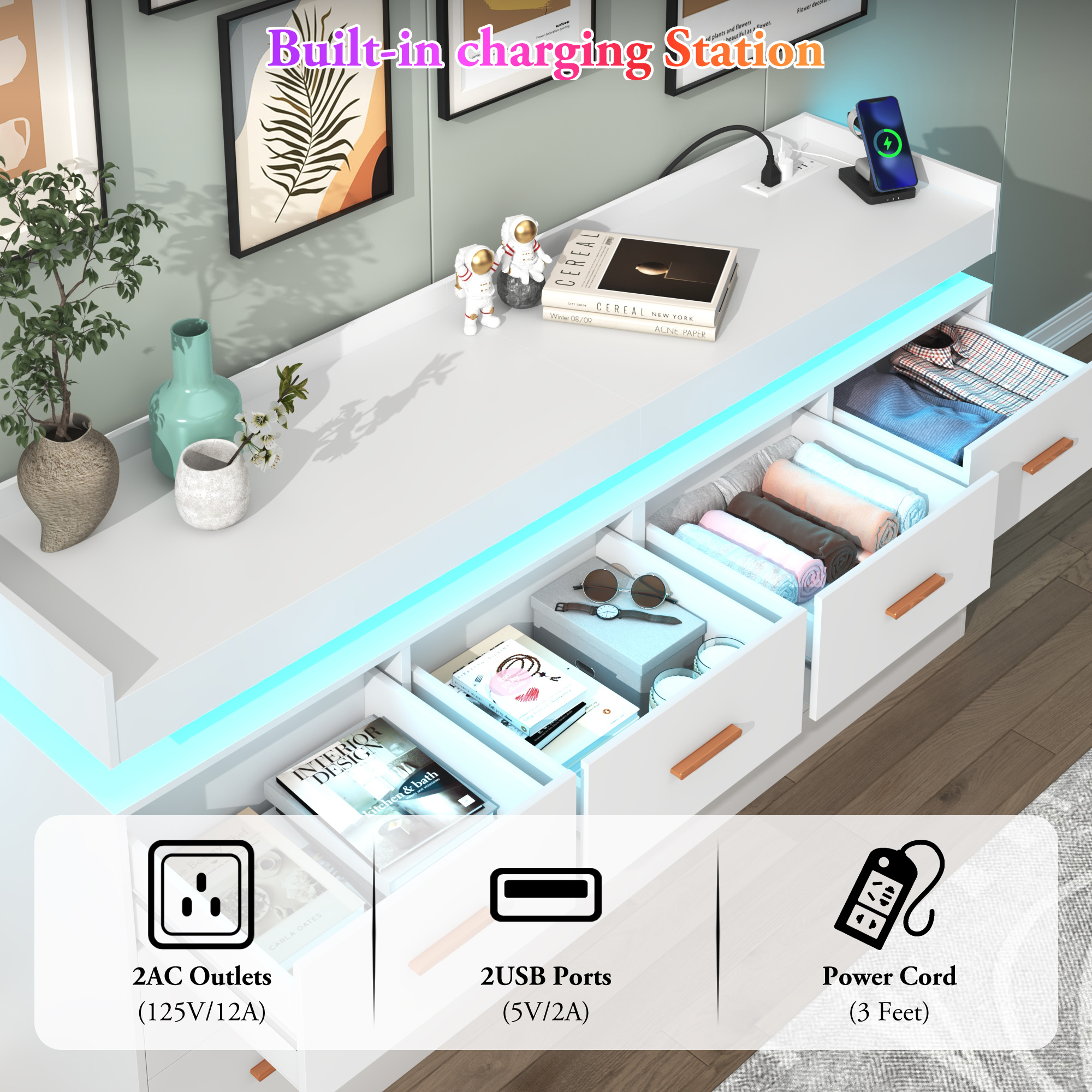 ChVans 16 Drawer Dresser with LED Lights and Charging Station, 78.7" Wide wood Chest of Drawers and Metal Handles, 36.4" Tall drawers dresser for bedroom, Living Room, Entryway, Hallway