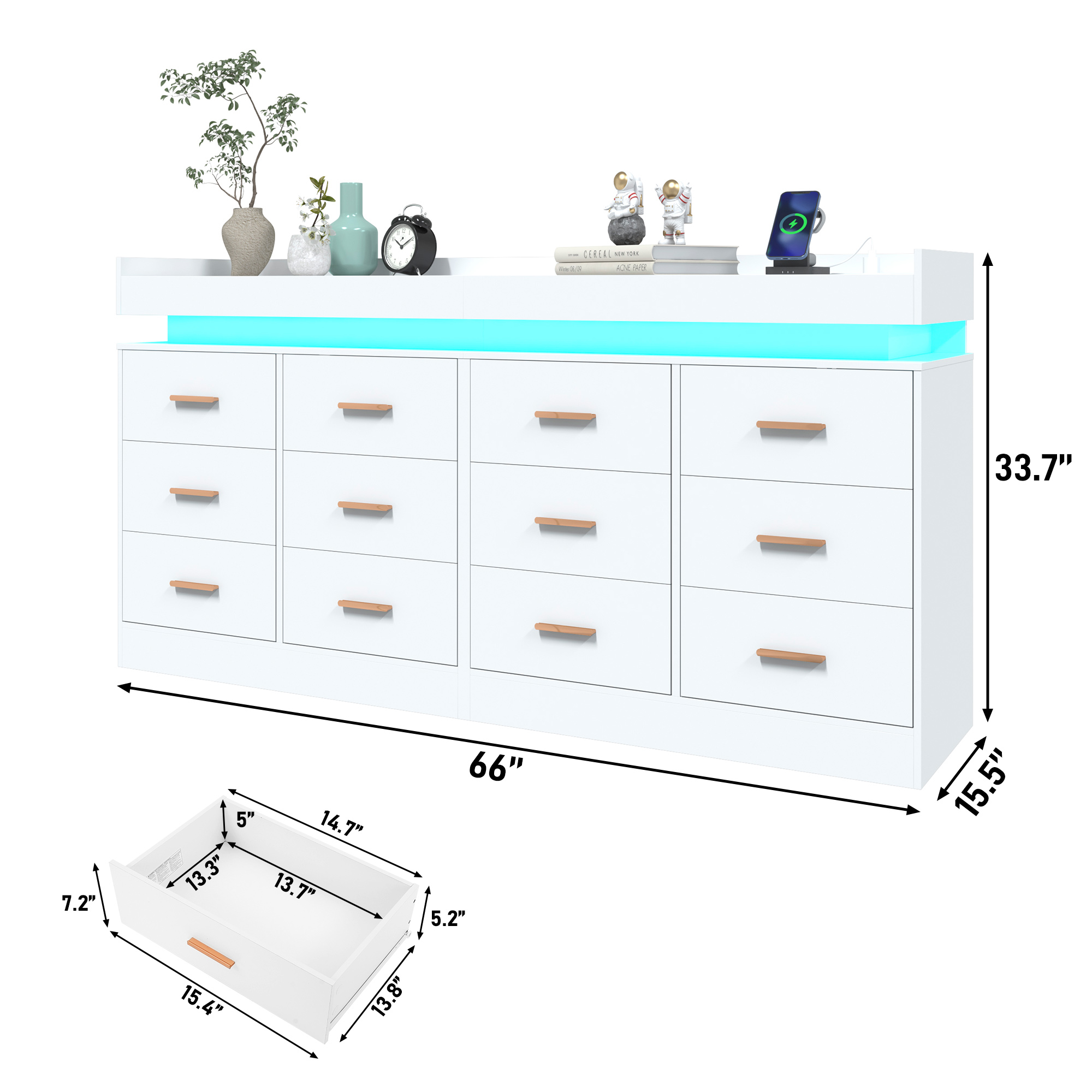 ChVans 16 Drawer Dresser with LED Lights and Charging Station, 78.7" Wide wood Chest of Drawers and Metal Handles, 36.4" Tall drawers dresser for bedroom, Living Room, Entryway, Hallway
