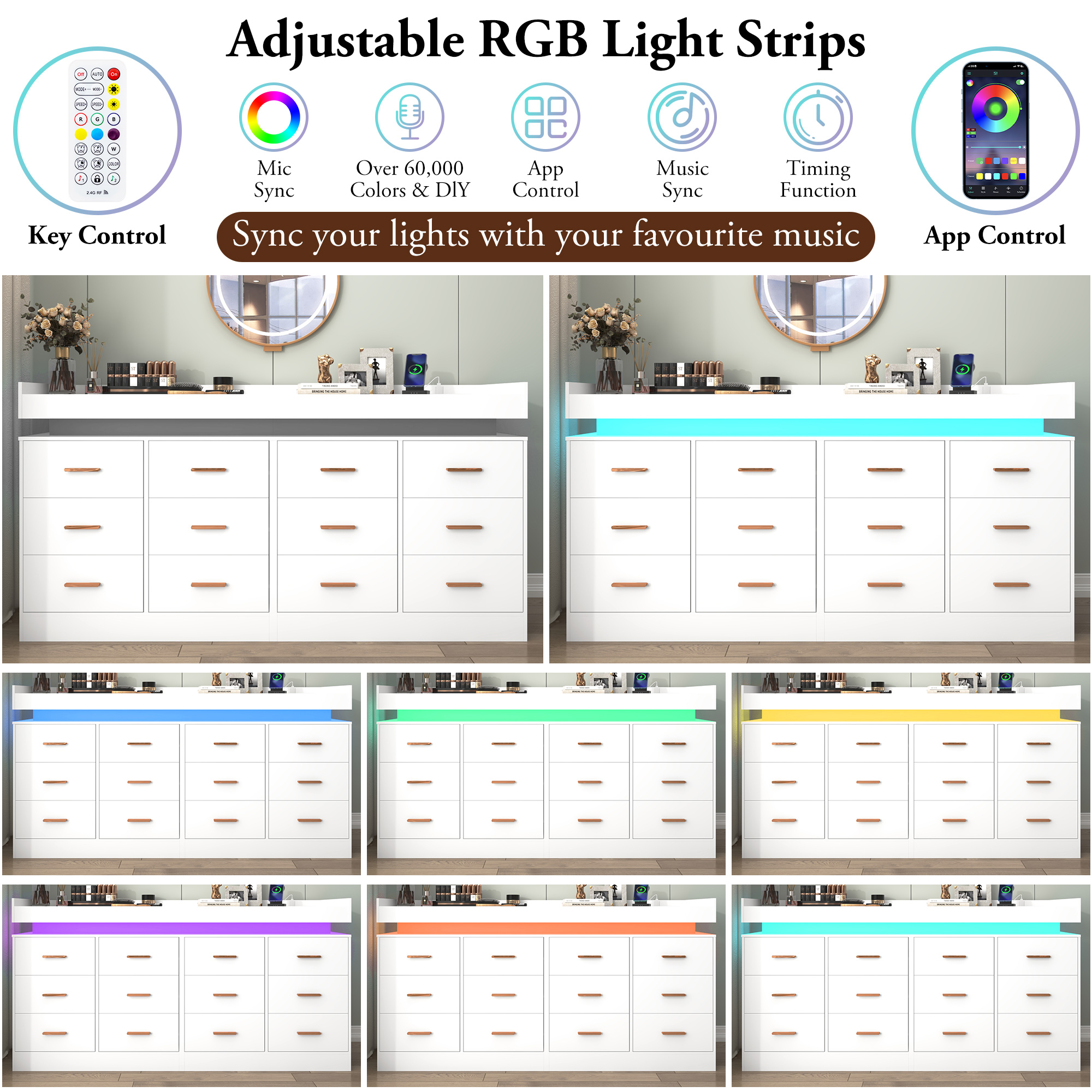 ChVans 16 Drawer Dresser with LED Lights and Charging Station, 78.7" Wide wood Chest of Drawers and Metal Handles, 36.4" Tall drawers dresser for bedroom, Living Room, Entryway, Hallway