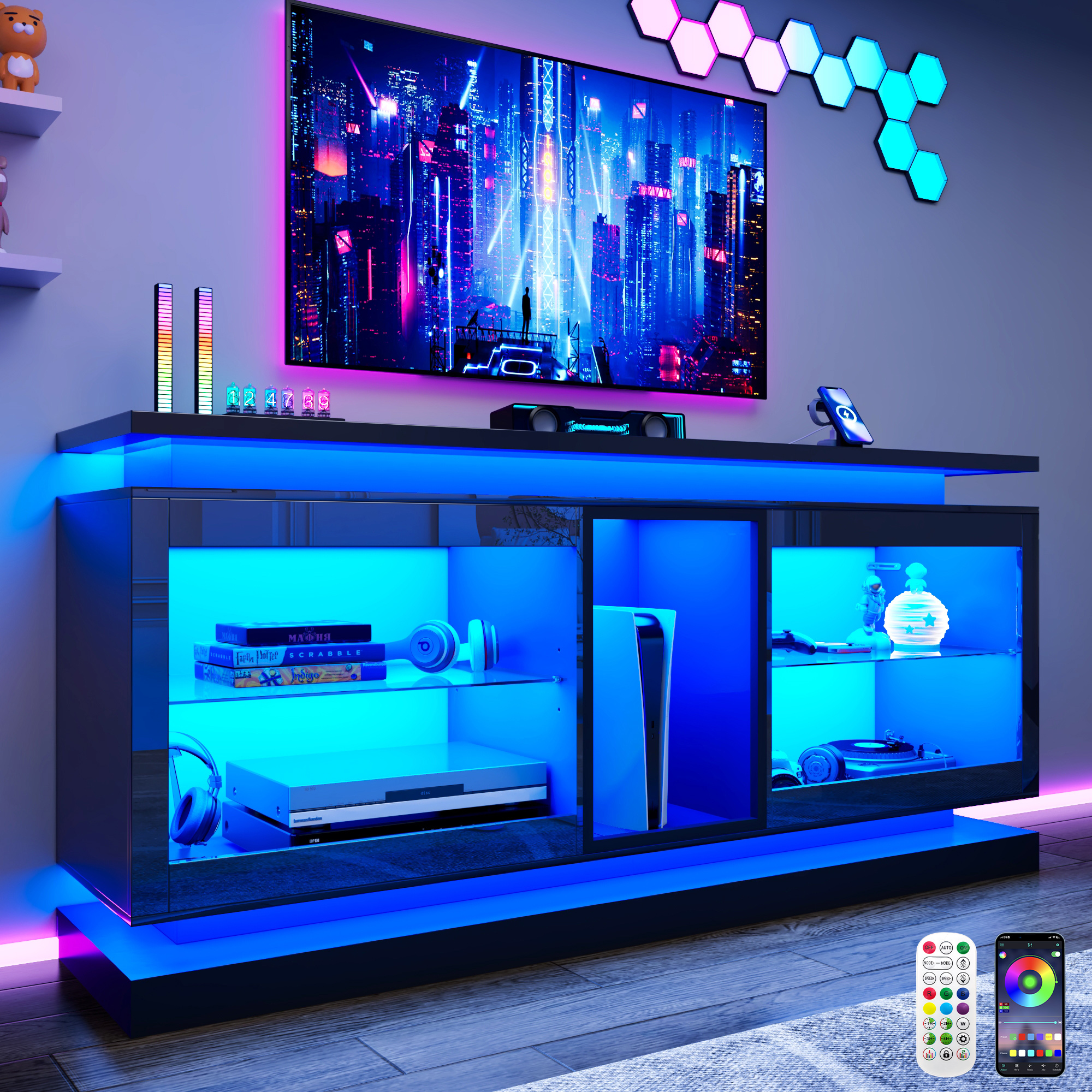LED TV Stand for 70/75/80 Inch TVs,Modern Entertainment Center High Gloss Large TV Stand with Adjustable Shelves,Gaming TV Console with Power Outlets,Black