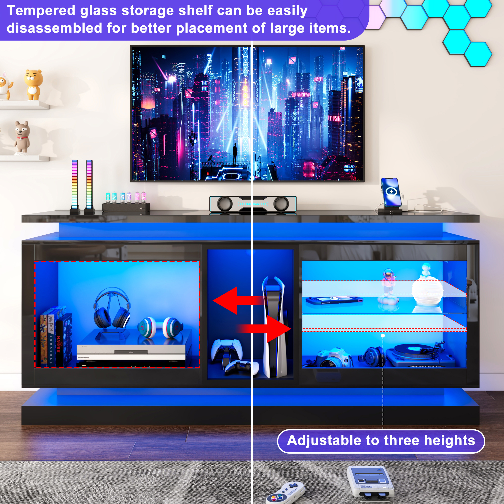 LED TV Stand for 70/75/80 Inch TVs,Modern Entertainment Center High Gloss Large TV Stand with Adjustable Shelves,Gaming TV Console with Power Outlets,Black