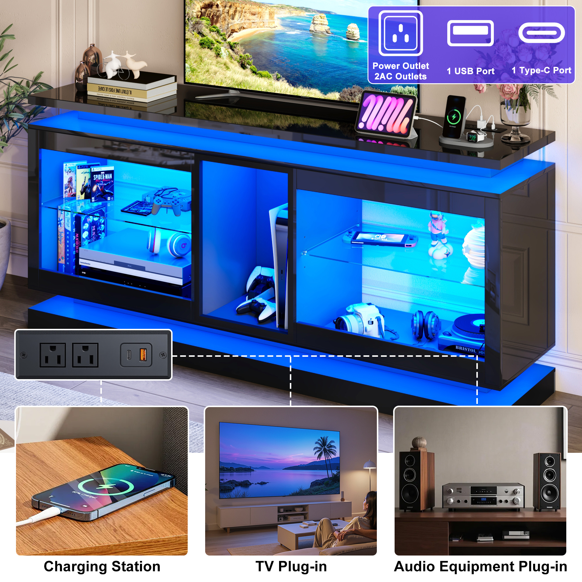 LED TV Stand for 70/75/80 Inch TVs,Modern Entertainment Center High Gloss Large TV Stand with Adjustable Shelves,Gaming TV Console with Power Outlets,Black