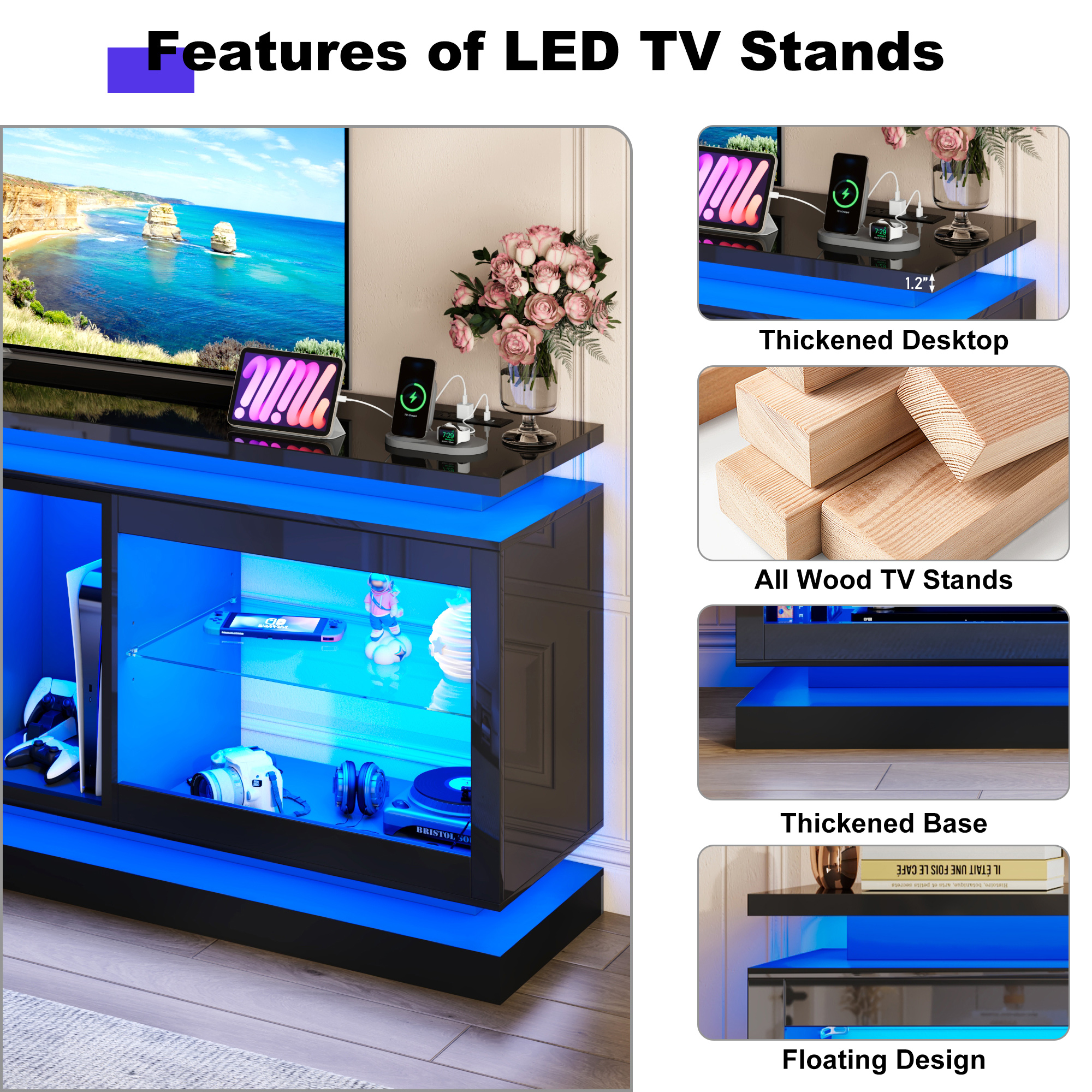 LED TV Stand for 70/75/80 Inch TVs,Modern Entertainment Center High Gloss Large TV Stand with Adjustable Shelves,Gaming TV Console with Power Outlets,Black