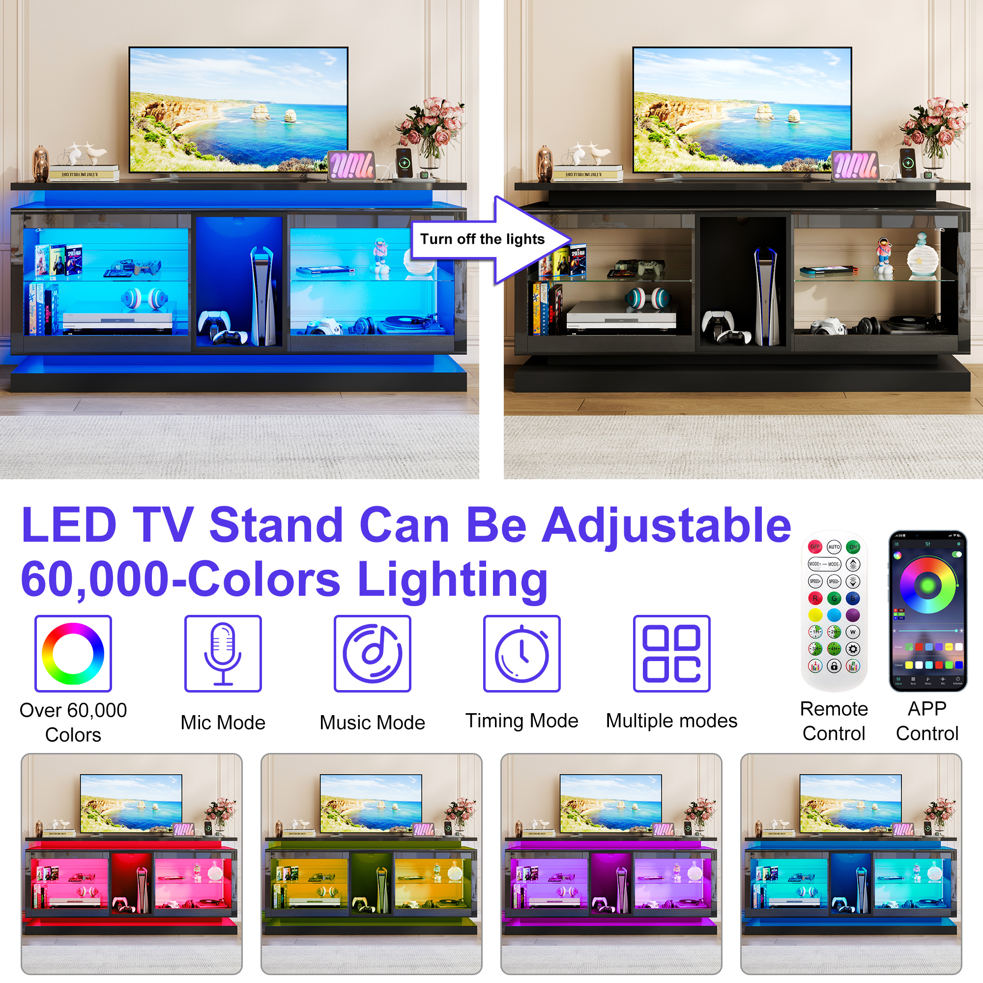 LED TV Stand for 70/75/80 Inch TVs,Modern Entertainment Center High Gloss Large TV Stand with Adjustable Shelves,Gaming TV Console with Power Outlets,Black