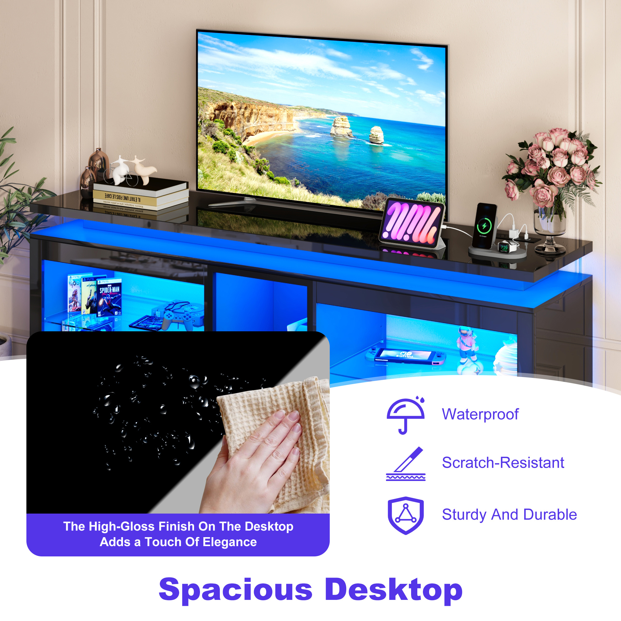 LED TV Stand for 70/75/80 Inch TVs,Modern Entertainment Center High Gloss Large TV Stand with Adjustable Shelves,Gaming TV Console with Power Outlets,Black
