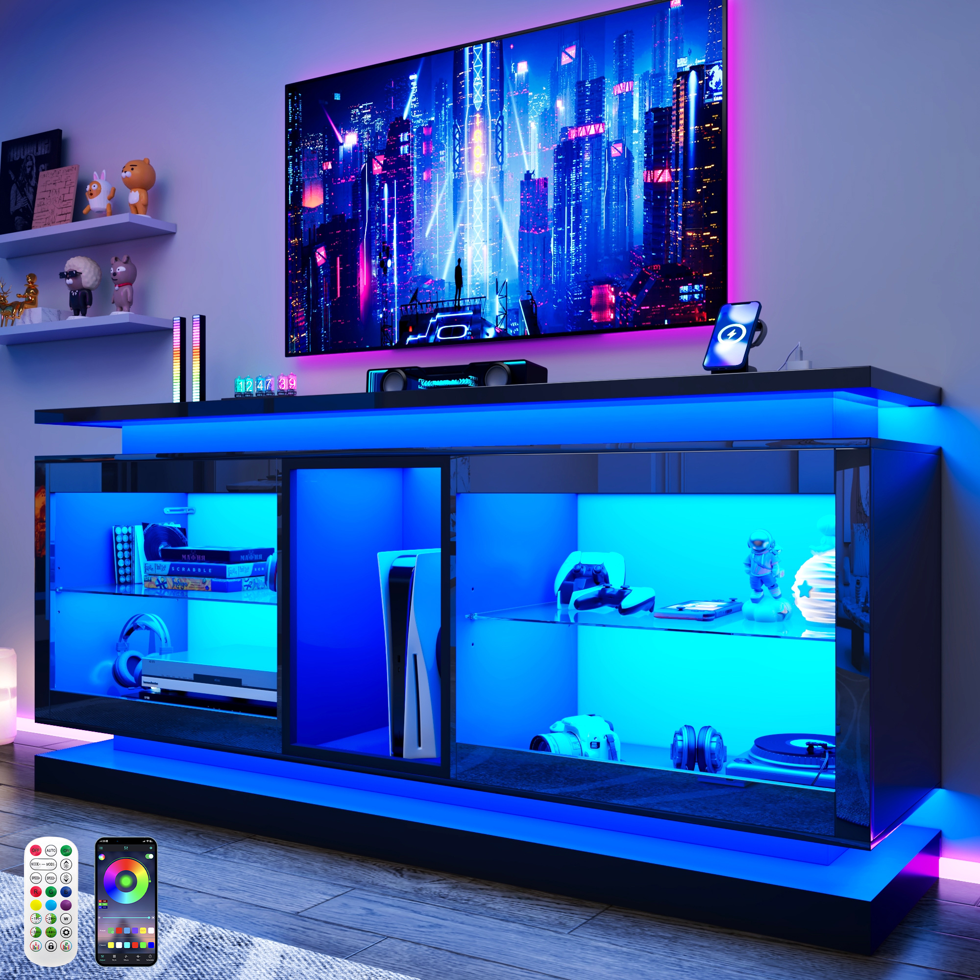 LED TV Stand for 70/75/80 Inch TVs,Modern Entertainment Center High Gloss Large TV Stand with Adjustable Shelves,Gaming TV Console with Power Outlets,Black