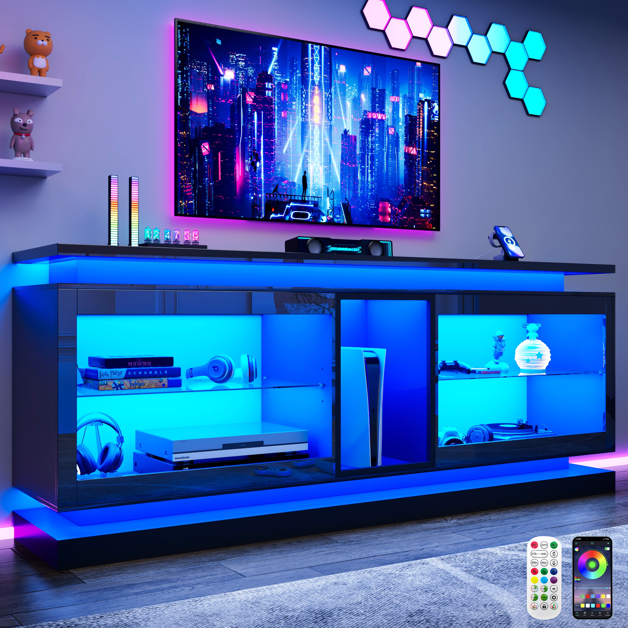 LED TV Stand for 70/75/80 Inch TVs,Modern Entertainment Center High Gloss Large TV Stand with Adjustable Shelves,Gaming TV Console with Power Outlets,Black