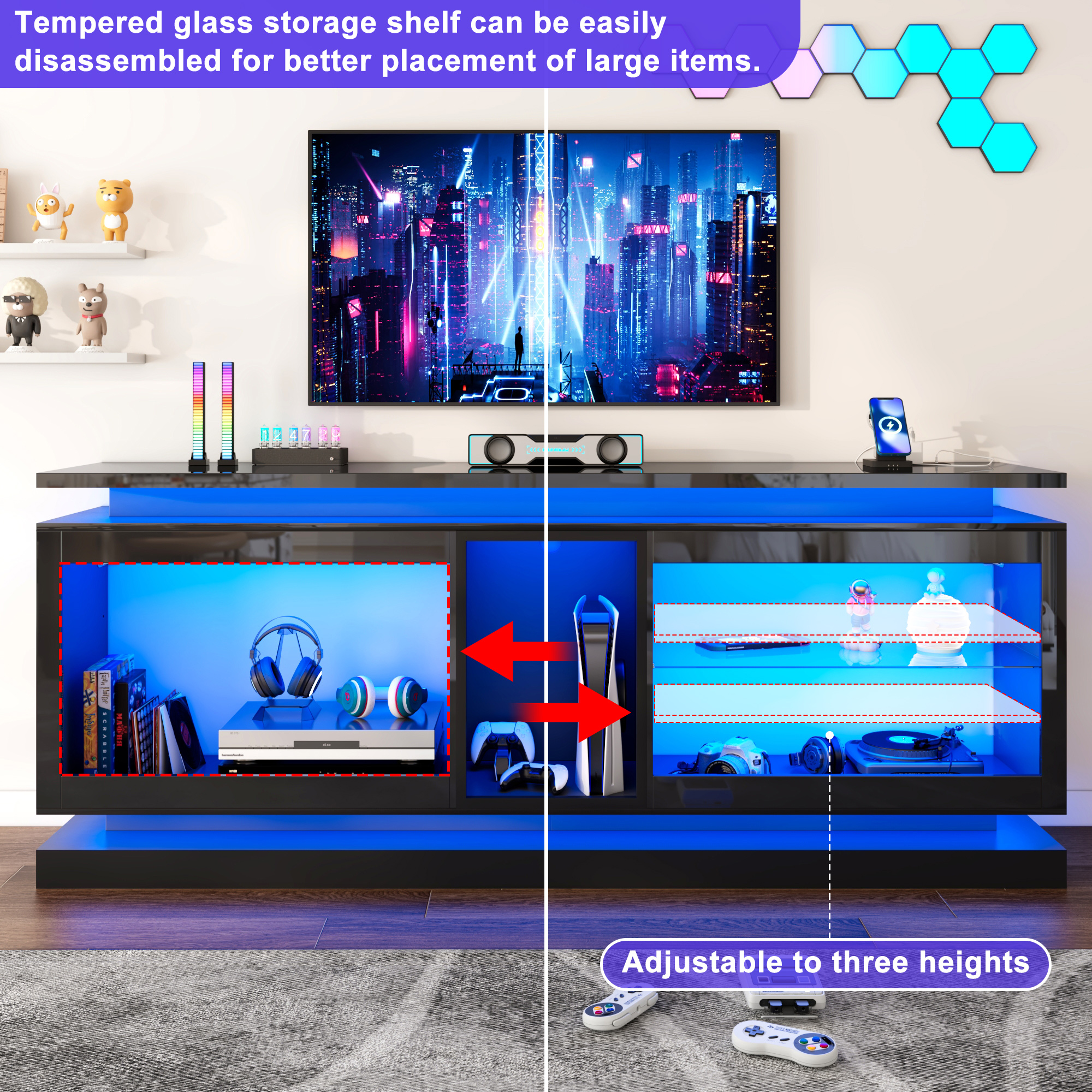 LED TV Stand for 70/75/80 Inch TVs,Modern Entertainment Center High Gloss Large TV Stand with Adjustable Shelves,Gaming TV Console with Power Outlets,Black