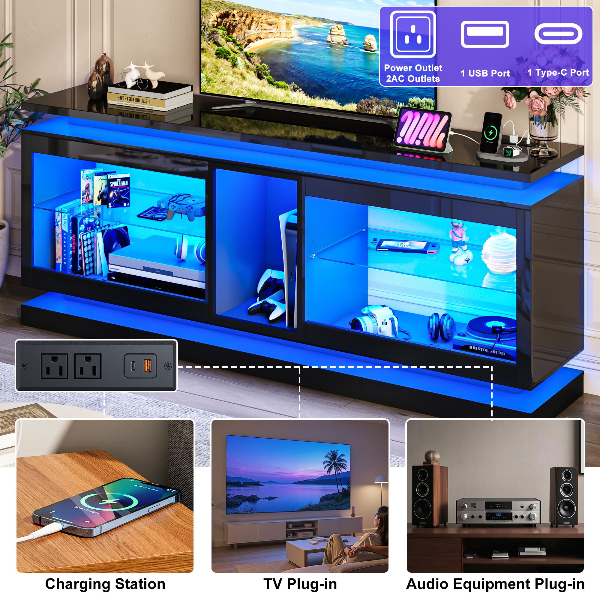 LED TV Stand for 70/75/80 Inch TVs,Modern Entertainment Center High Gloss Large TV Stand with Adjustable Shelves,Gaming TV Console with Power Outlets,Black