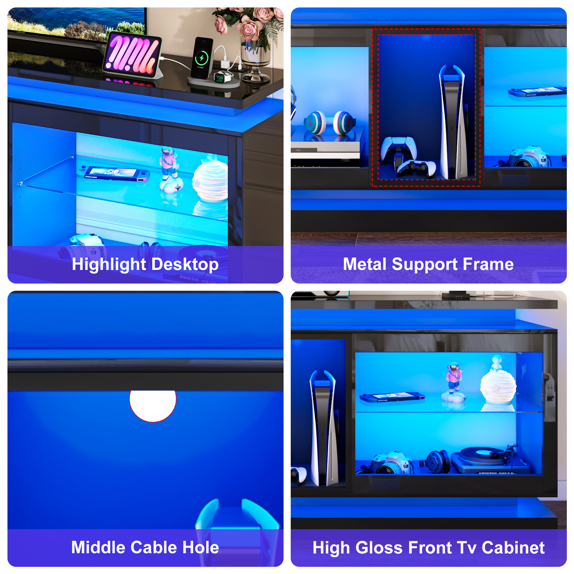 LED TV Stand for 70/75/80 Inch TVs,Modern Entertainment Center High Gloss Large TV Stand with Adjustable Shelves,Gaming TV Console with Power Outlets,Black