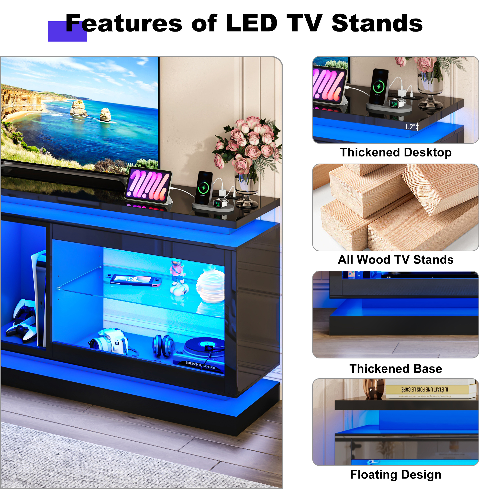 LED TV Stand for 70/75/80 Inch TVs,Modern Entertainment Center High Gloss Large TV Stand with Adjustable Shelves,Gaming TV Console with Power Outlets,Black