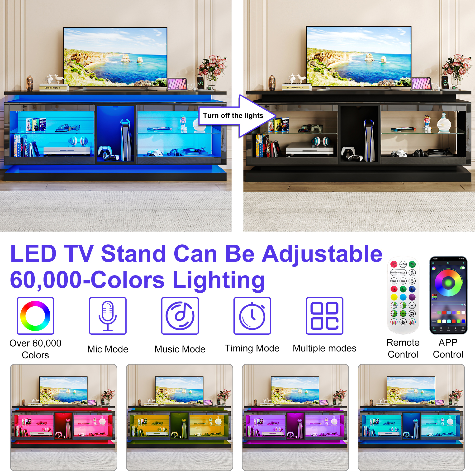 LED TV Stand for 70/75/80 Inch TVs,Modern Entertainment Center High Gloss Large TV Stand with Adjustable Shelves,Gaming TV Console with Power Outlets,Black