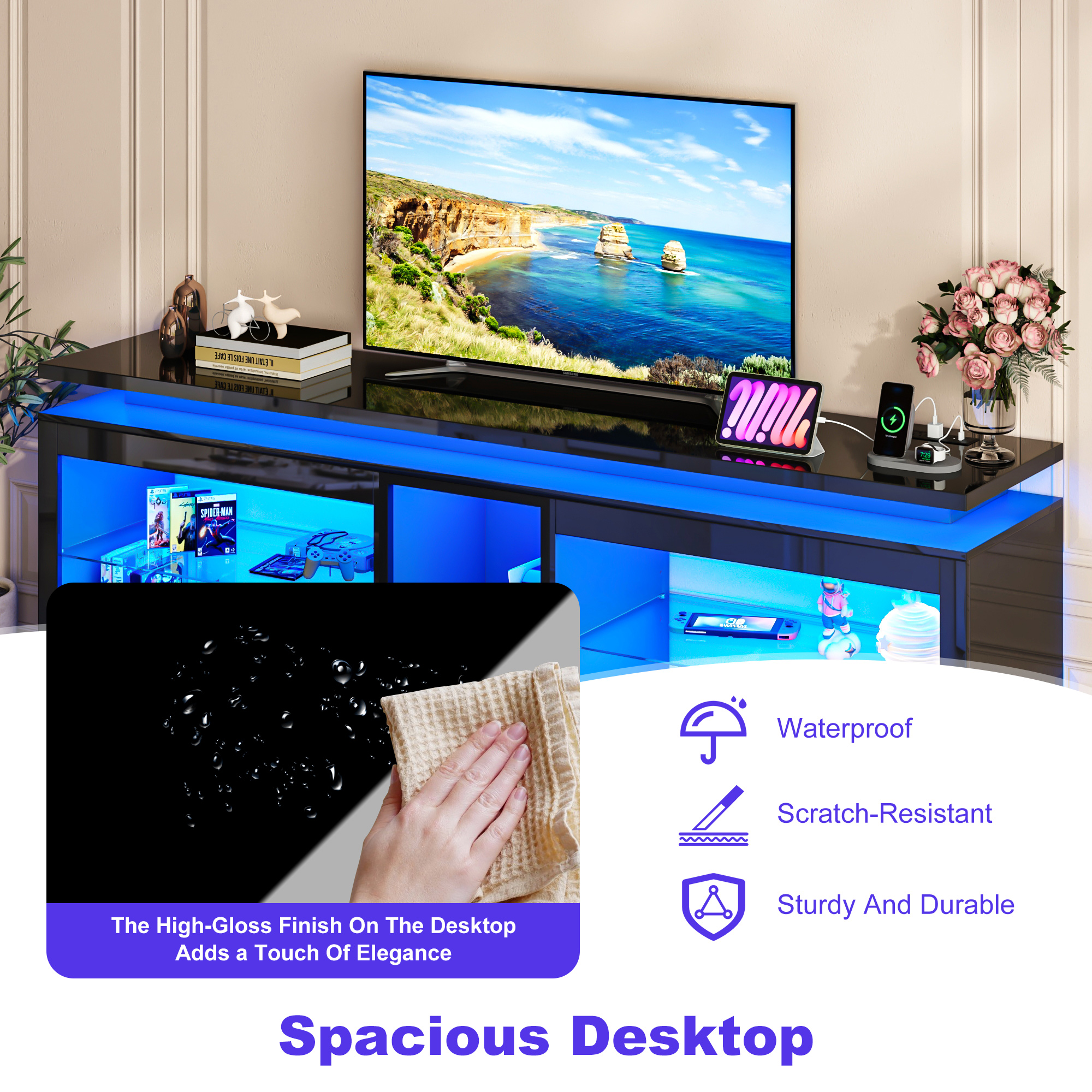LED TV Stand for 70/75/80 Inch TVs,Modern Entertainment Center High Gloss Large TV Stand with Adjustable Shelves,Gaming TV Console with Power Outlets,Black