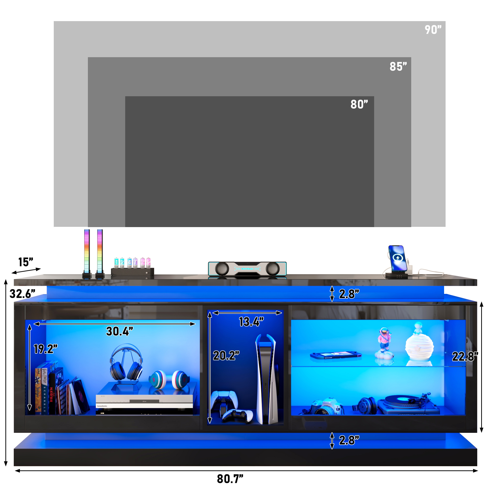 LED TV Stand for 70/75/80 Inch TVs,Modern Entertainment Center High Gloss Large TV Stand with Adjustable Shelves,Gaming TV Console with Power Outlets,Black