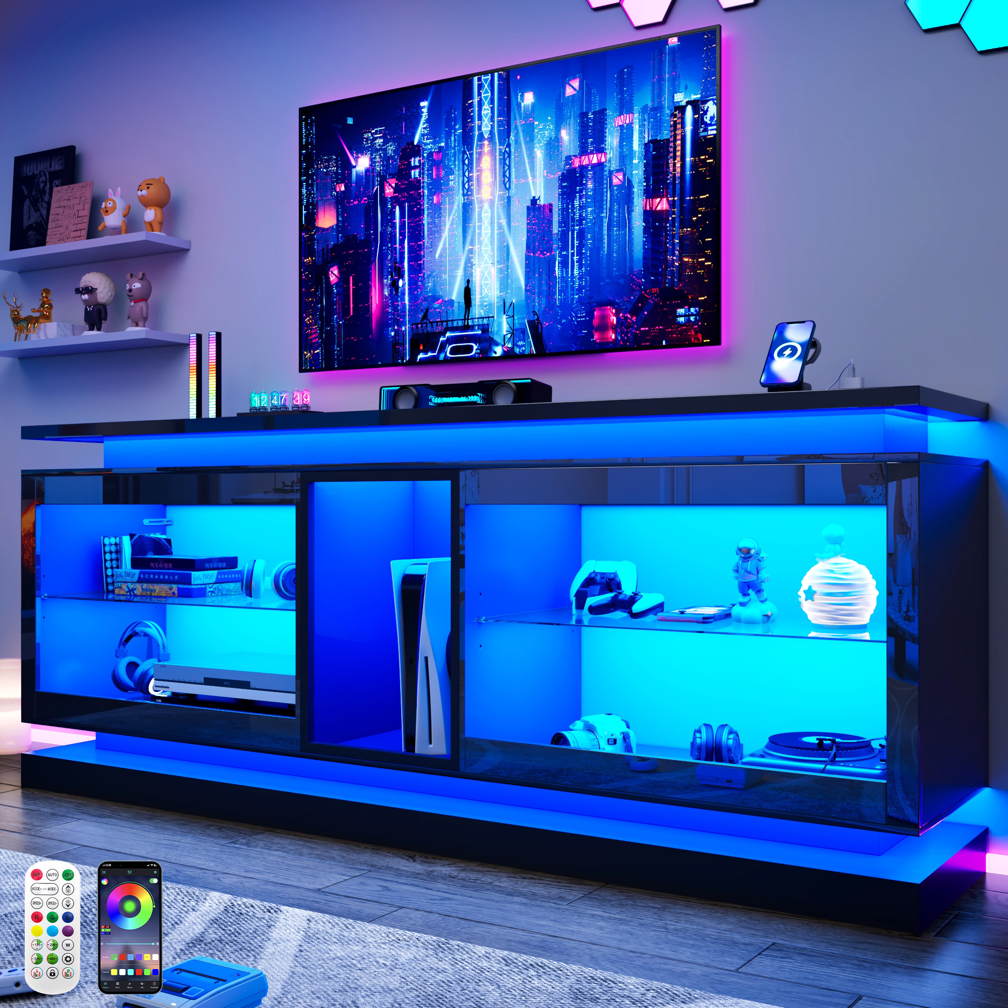 LED TV Stand for 70/75/80 Inch TVs,Modern Entertainment Center High Gloss Large TV Stand with Adjustable Shelves,Gaming TV Console with Power Outlets,Black