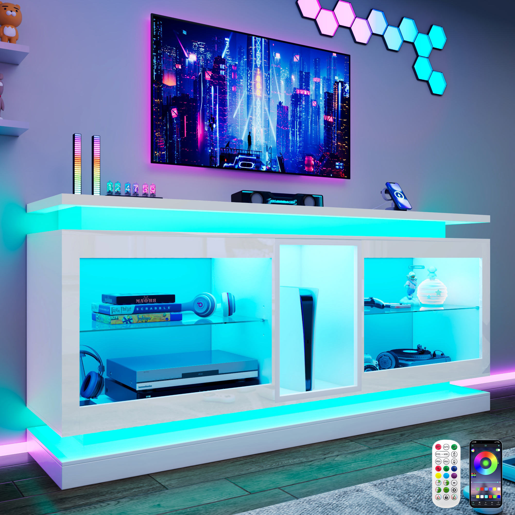 LED TV Stand for 70/75/80 Inch TVs,Modern Entertainment Center High Gloss Large TV Stand with Adjustable Shelves,Gaming TV Console with Power Outlets,Black