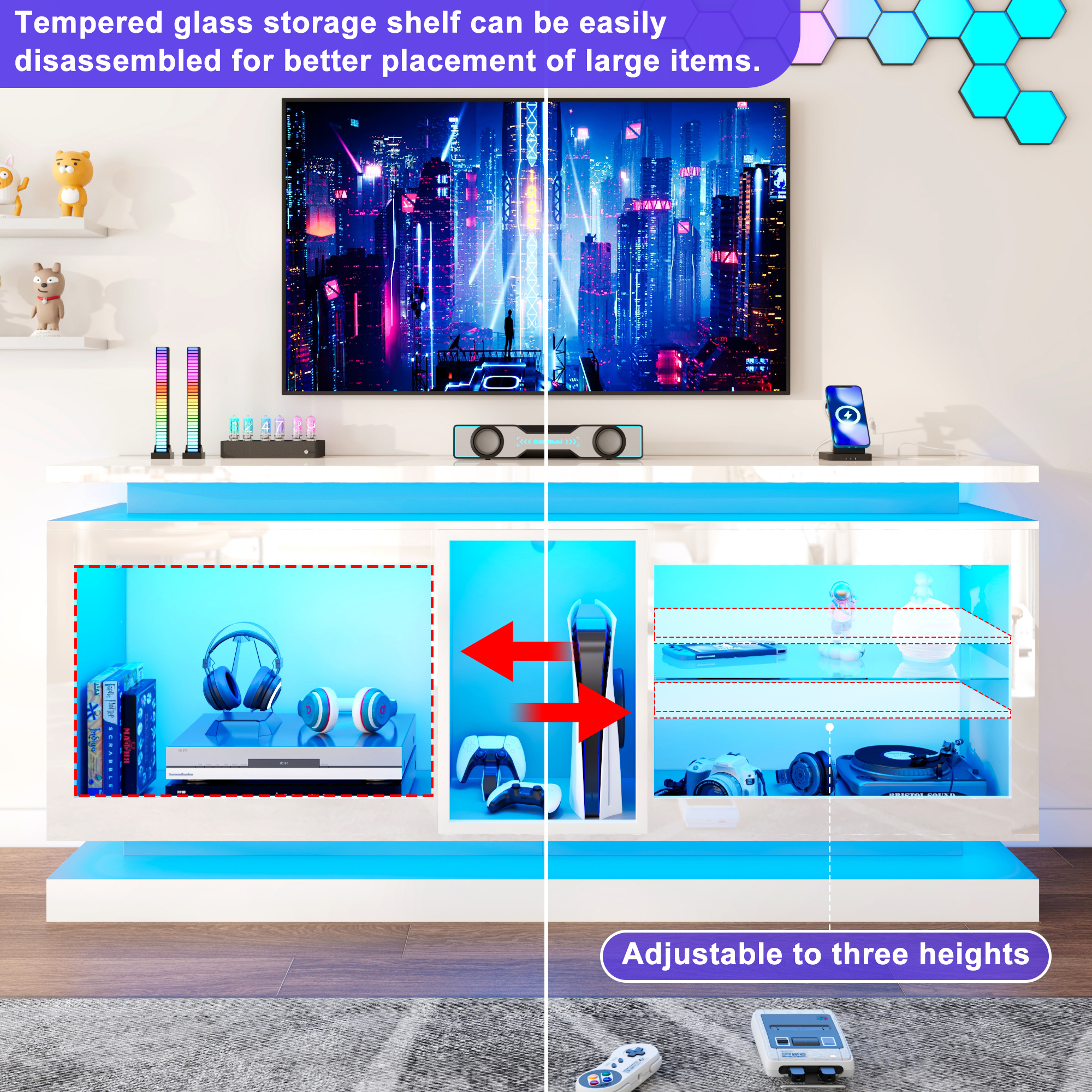 LED TV Stand for 70/75/80 Inch TVs,Modern Entertainment Center High Gloss Large TV Stand with Adjustable Shelves,Gaming TV Console with Power Outlets,Black